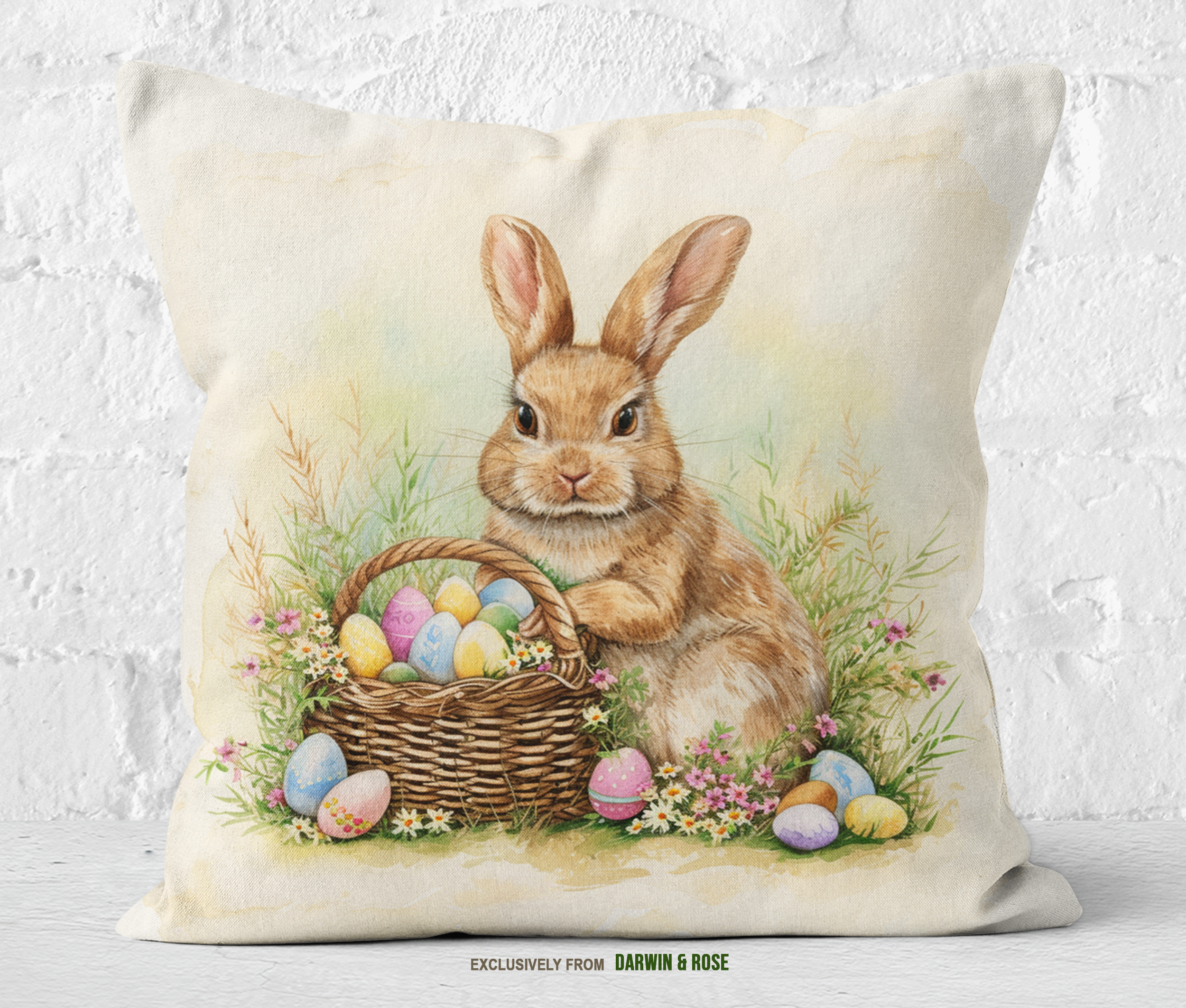 Easter Bunny Floral Throw Pillow – Rustic Farmhouse Spring Decor
