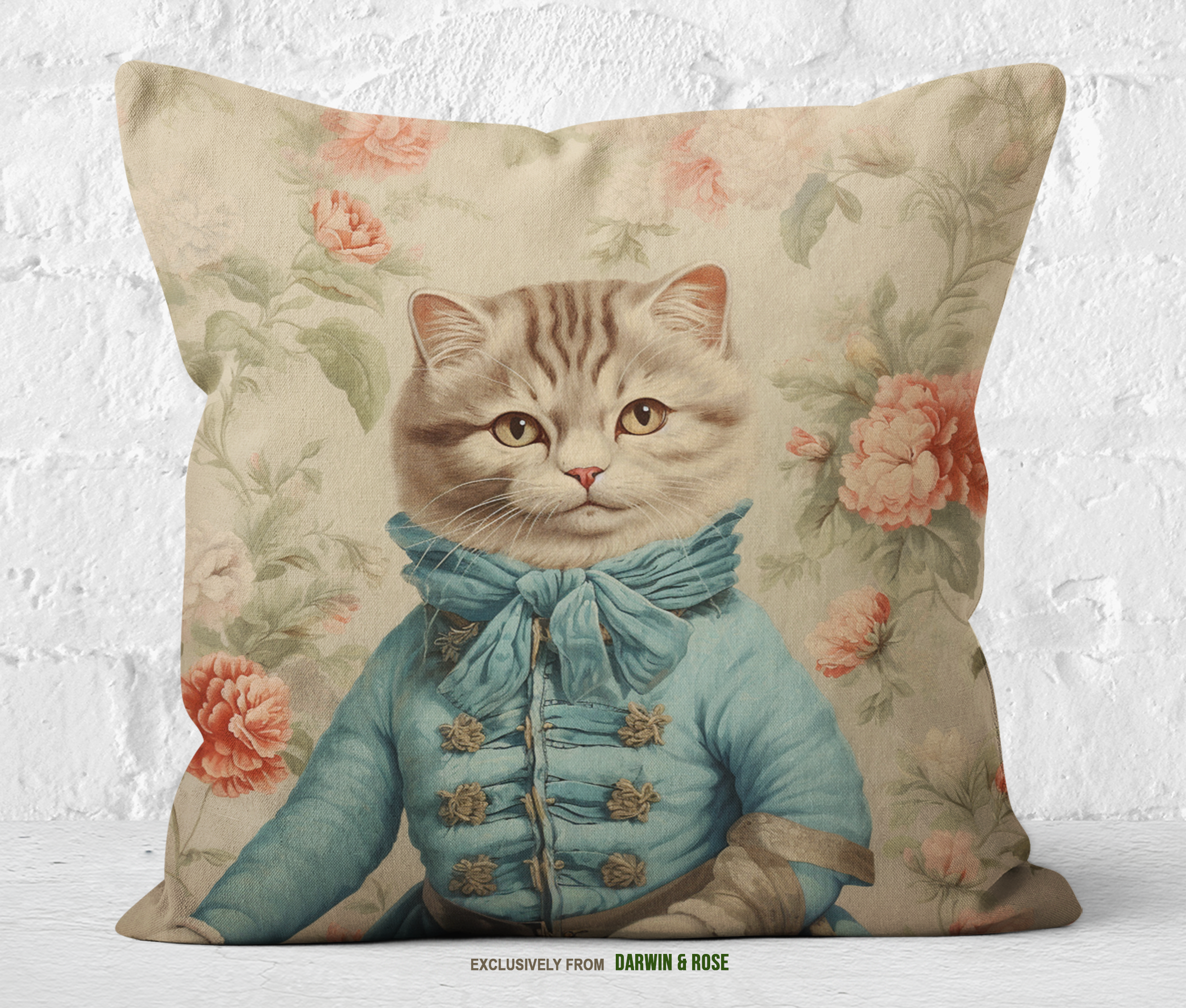 Regal Scottish Fold Cat in Victorian Blue Attire Throw Pillow