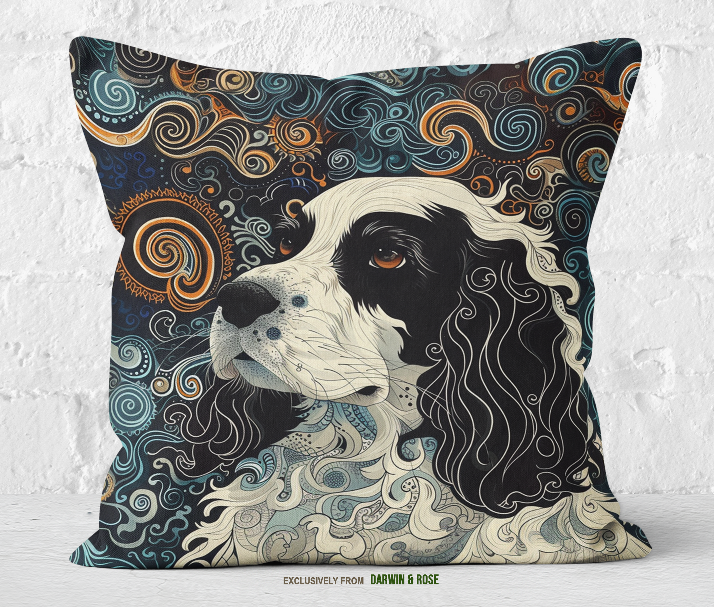 Artisan Boho Cocker Spaniel Throw Pillow – Modern Swirl Design