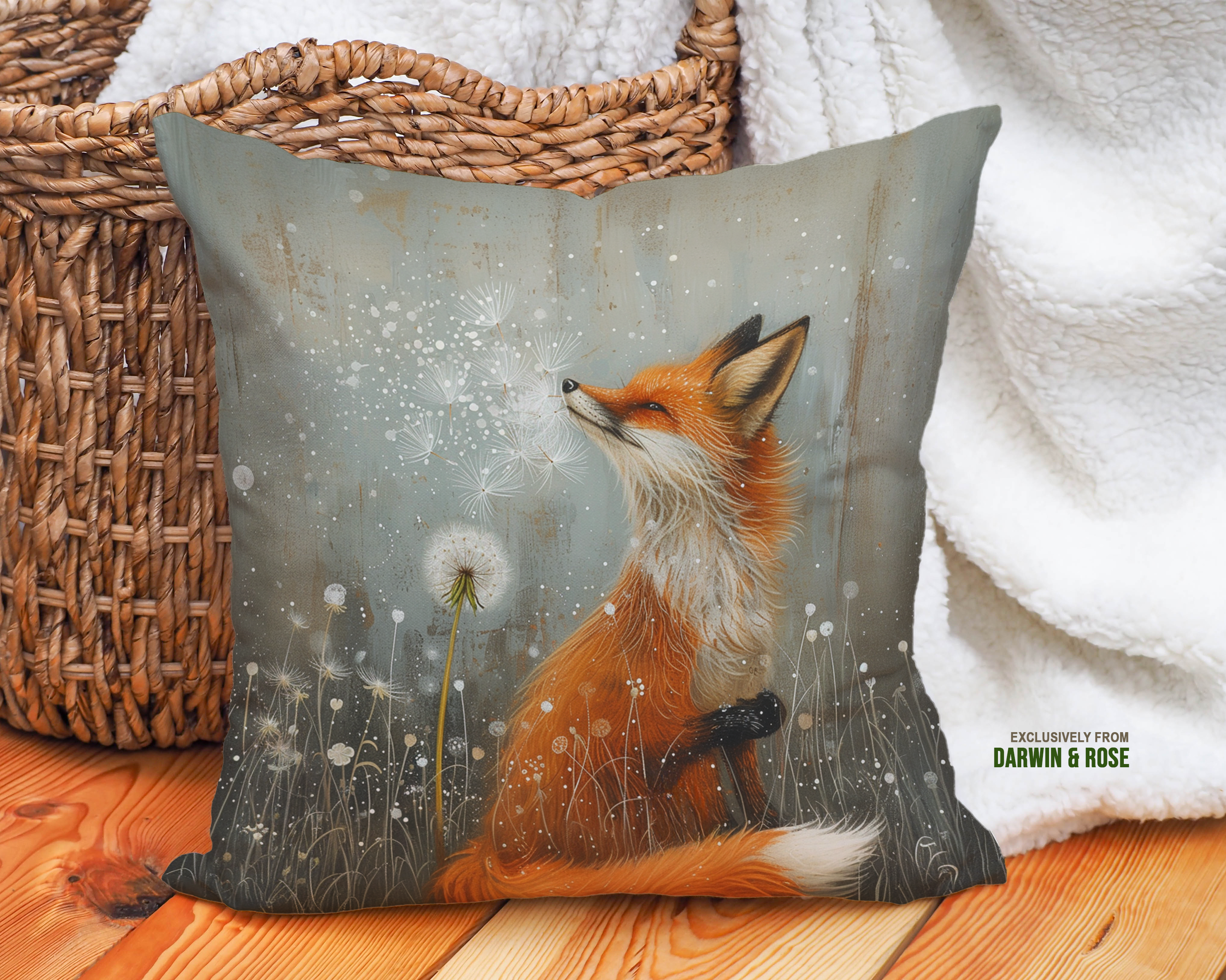 Whimsical Fox and Dandelion Boho Throw Pillow