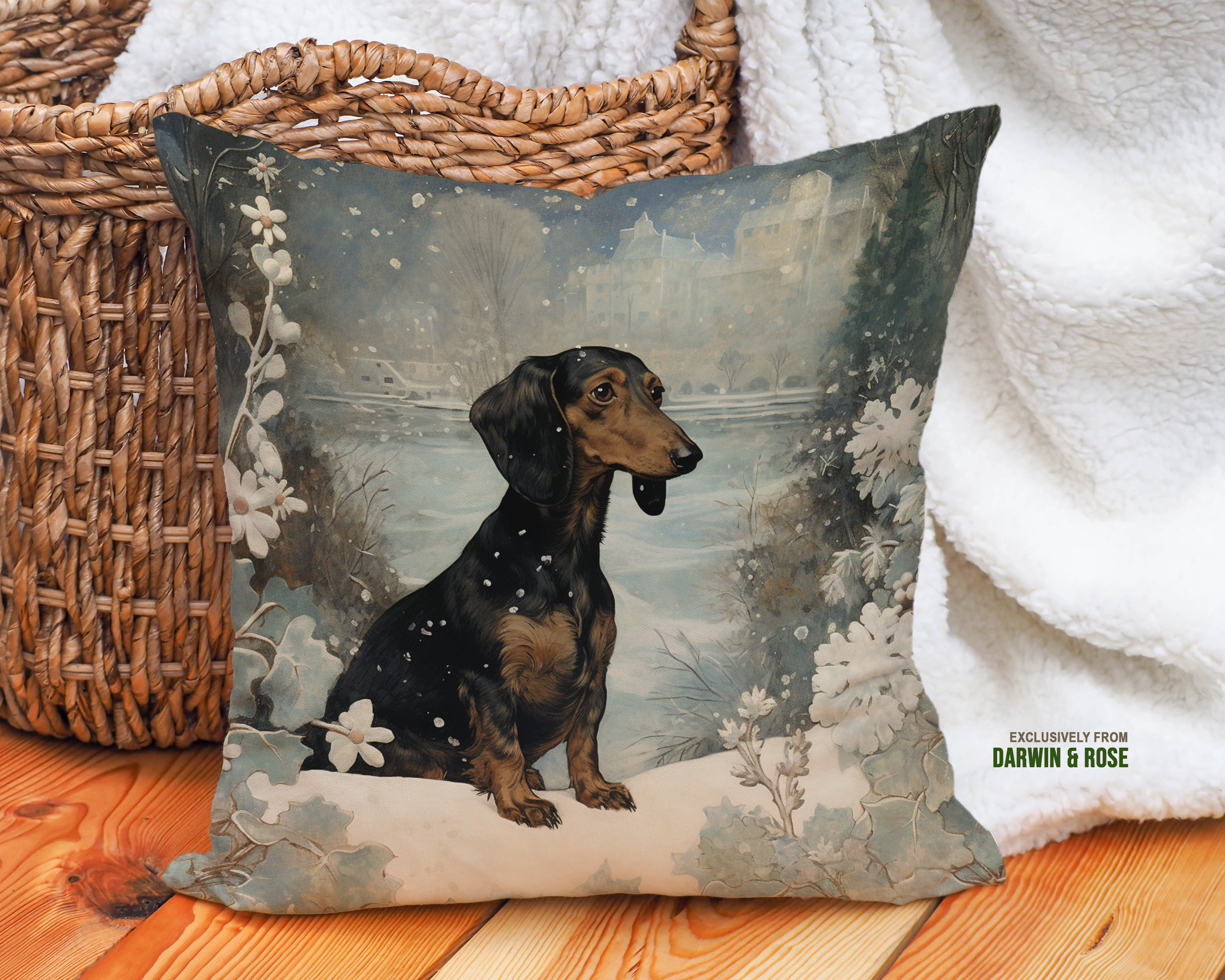 Snowy Winter Dachshund Pillow - Classic Holiday Decor Style