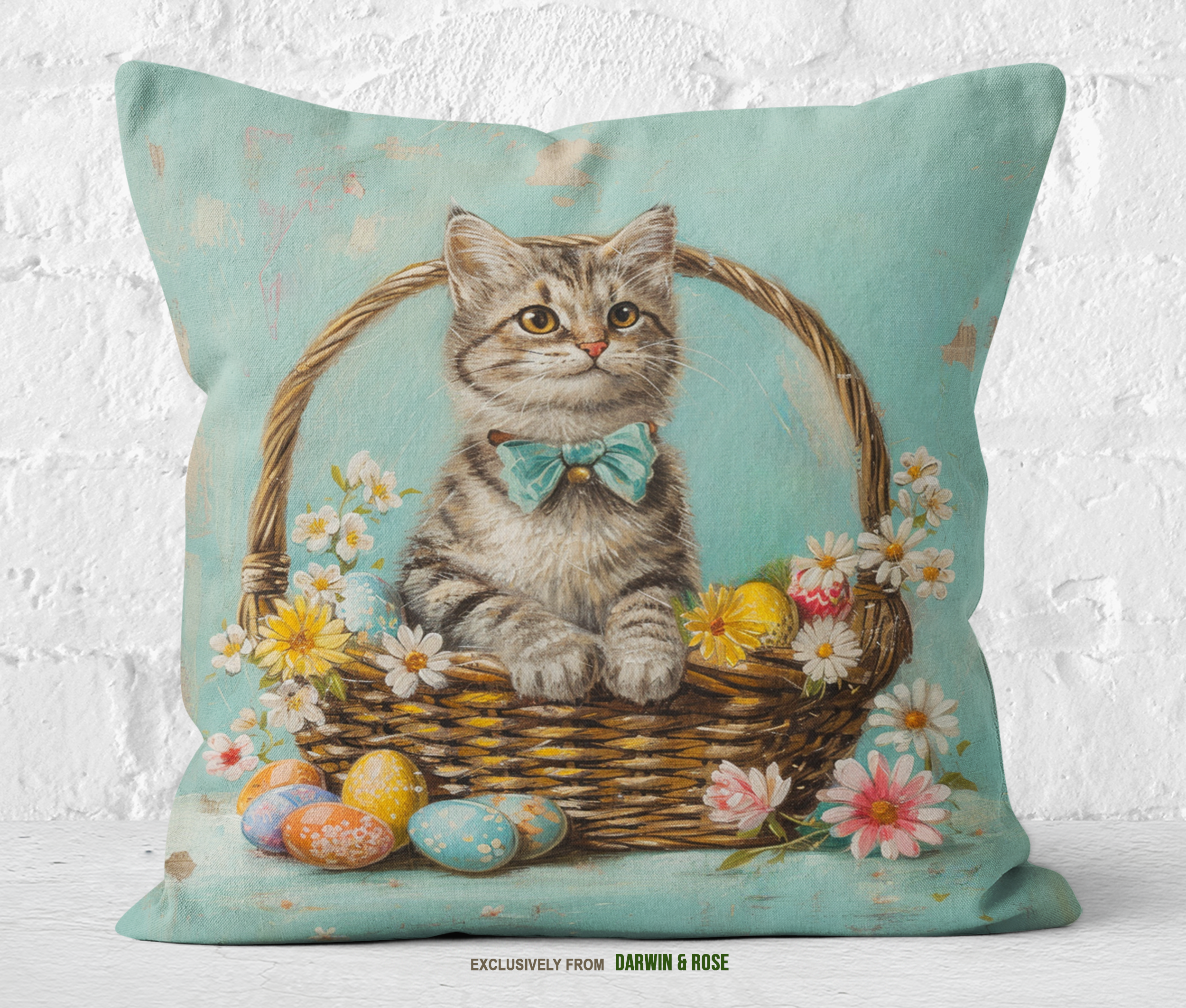 Easter Kitty in a Woven Basket - Whimsical Spring Throw Pillow