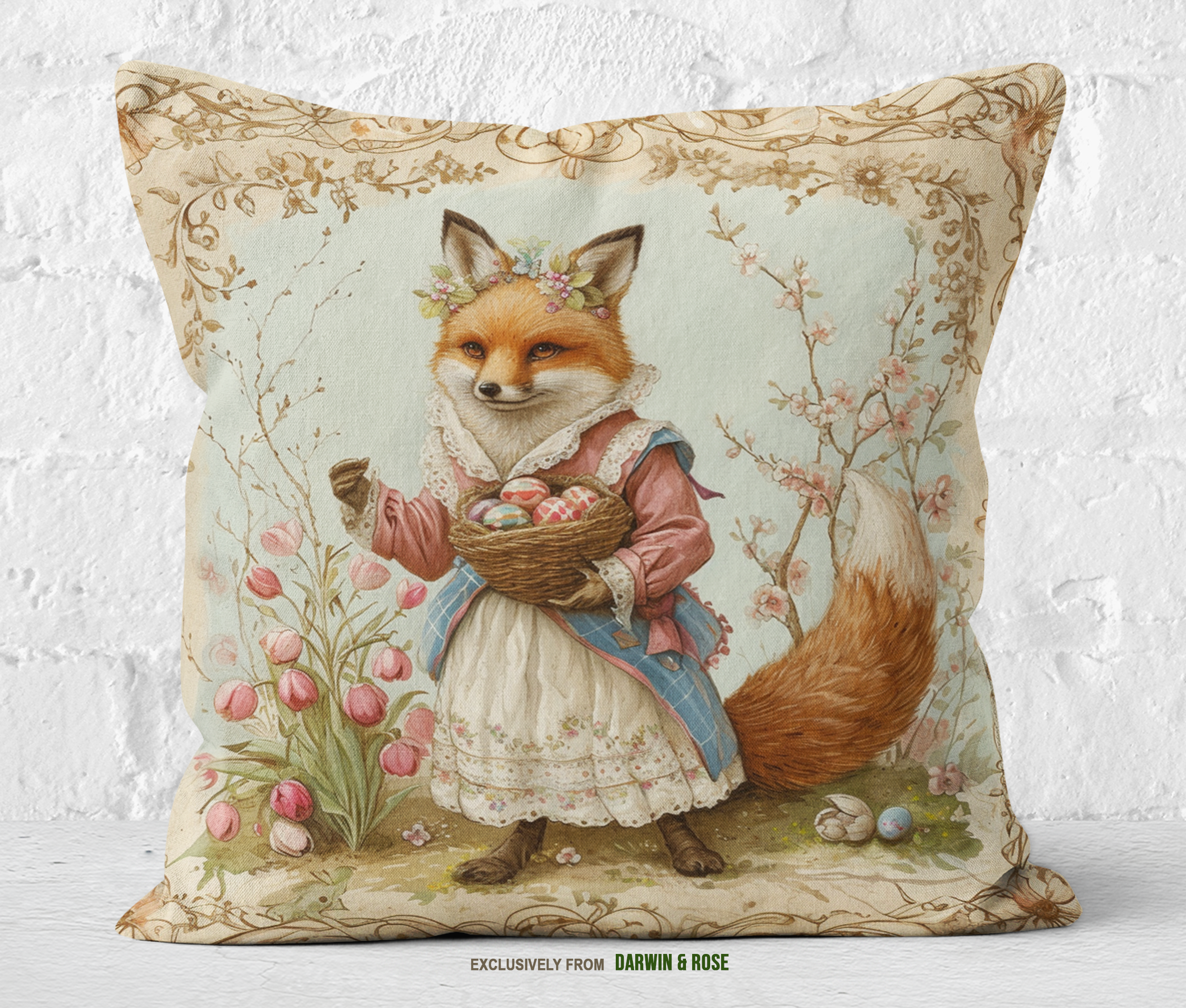 Vintage Easter Fox Throw Pillow – Cottagecore Spring Decor