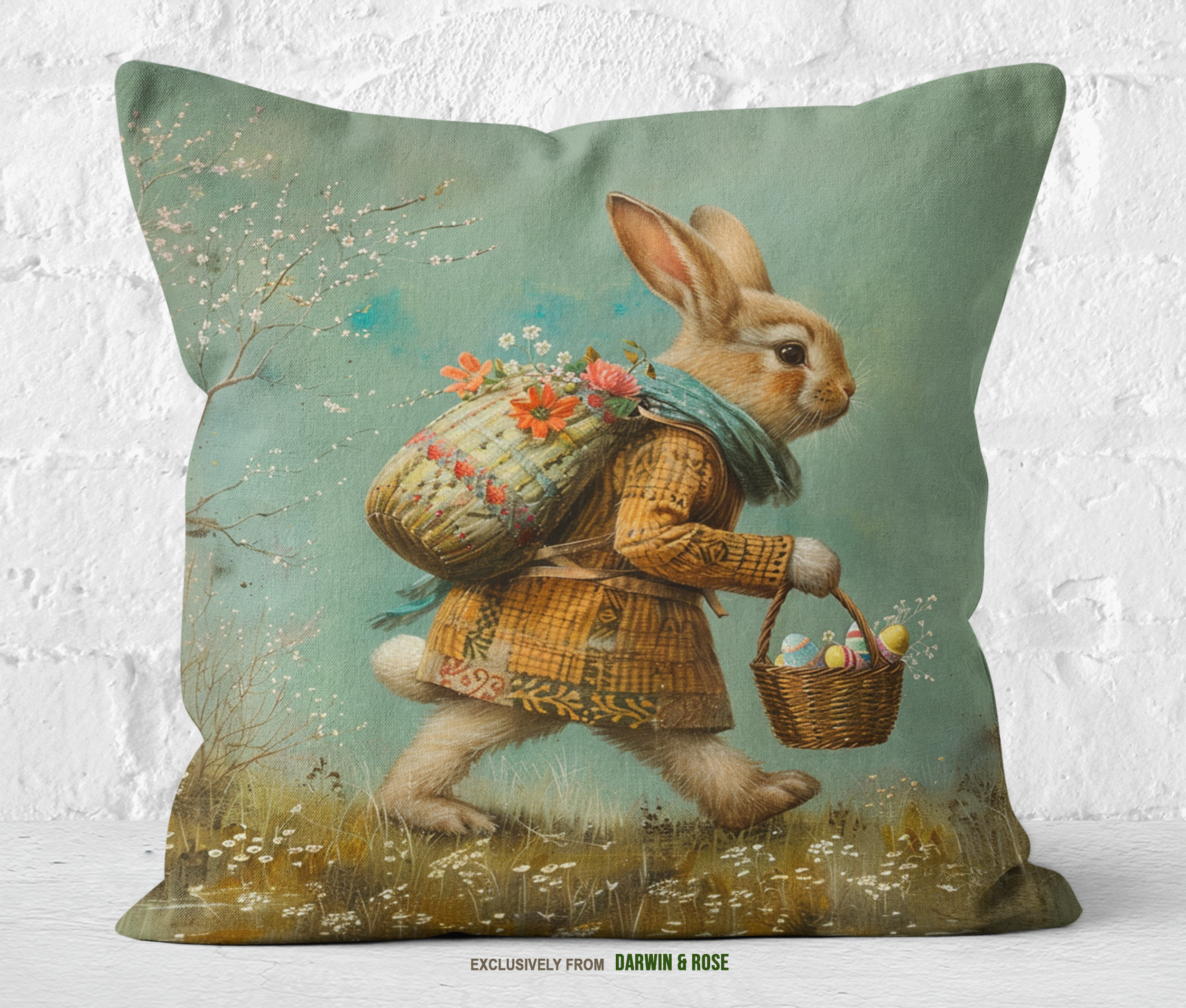 Vintage Easter Bunny Throw Pillow – Whimsical Spring Decor