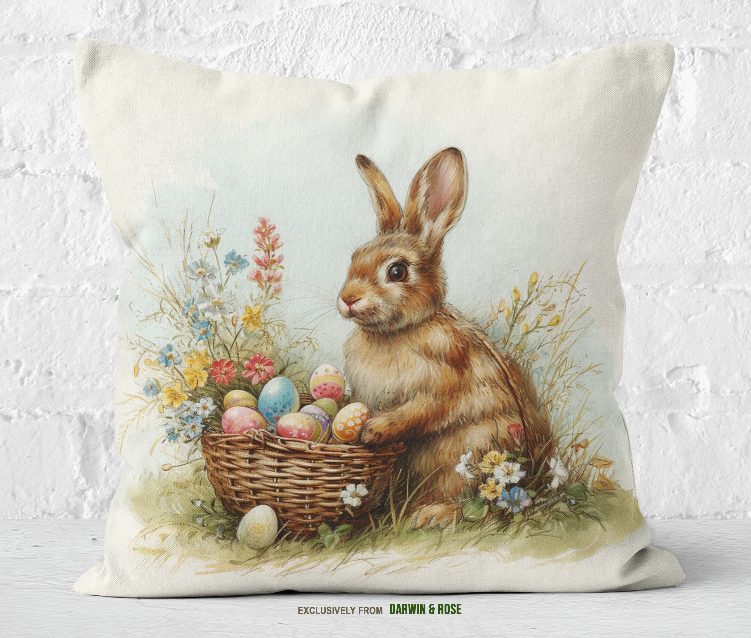 Easter Bunny Meadow Throw Pillow – Whimsical Spring Decor