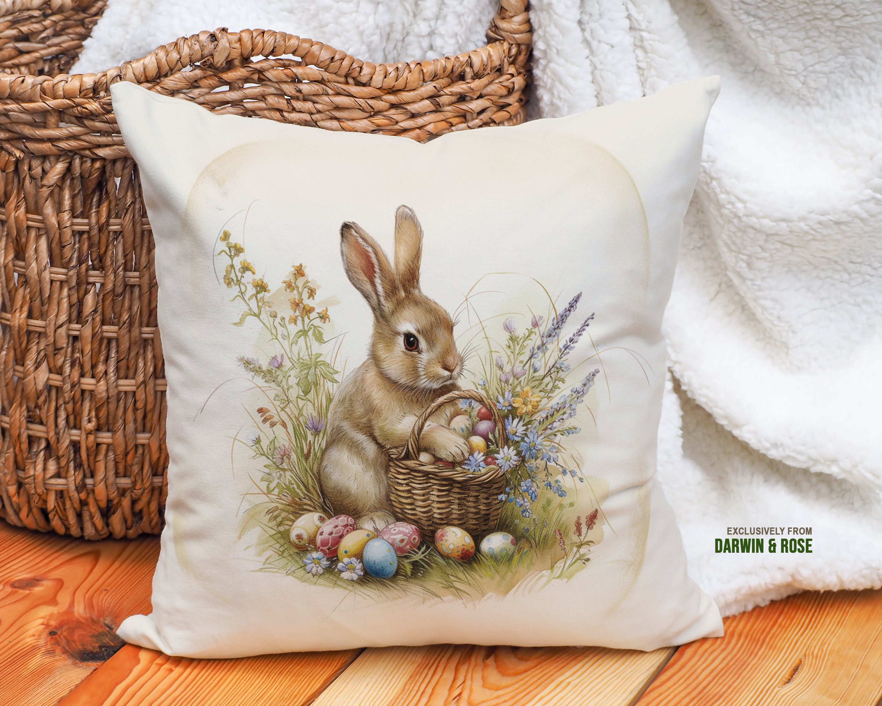 Easter Bunny Meadow Throw Pillow - Rustic Farmhouse Spring Decor