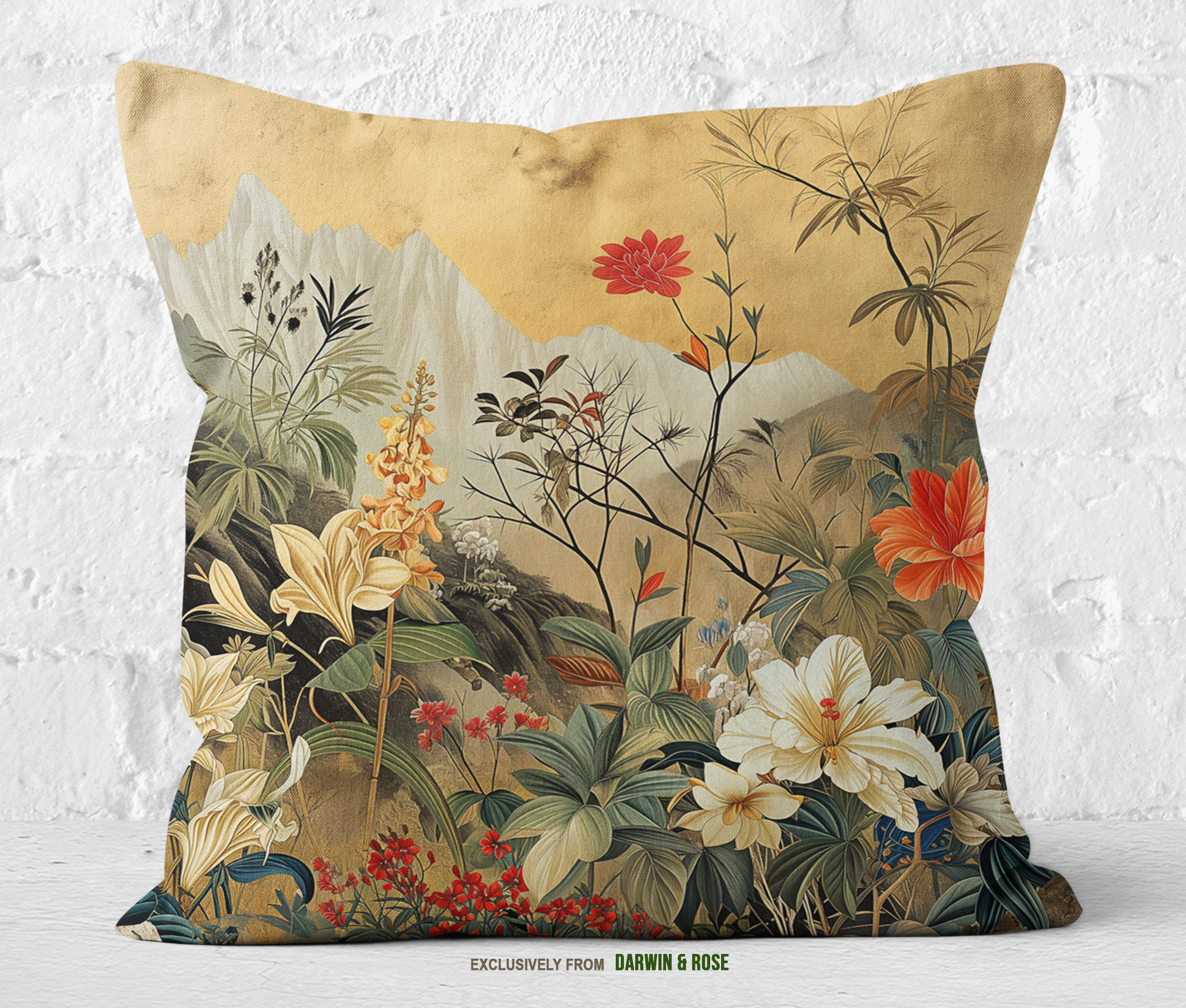Golden Bloom Asian-Inspired Floral Throw Pillow – Modern Boho Décor
