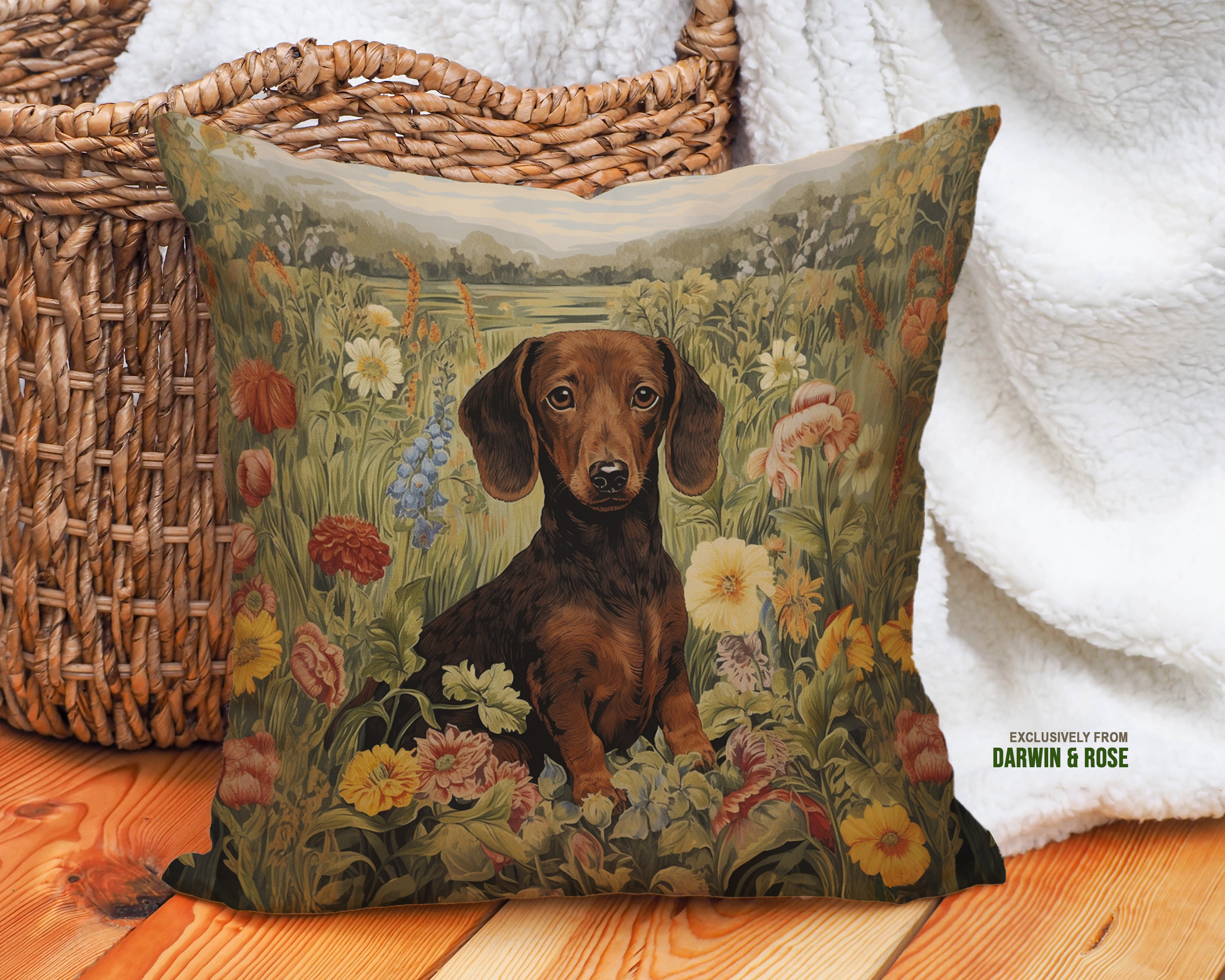 Dachshund Meadow Bliss Throw Pillow – Whimsical Cottagecore Style