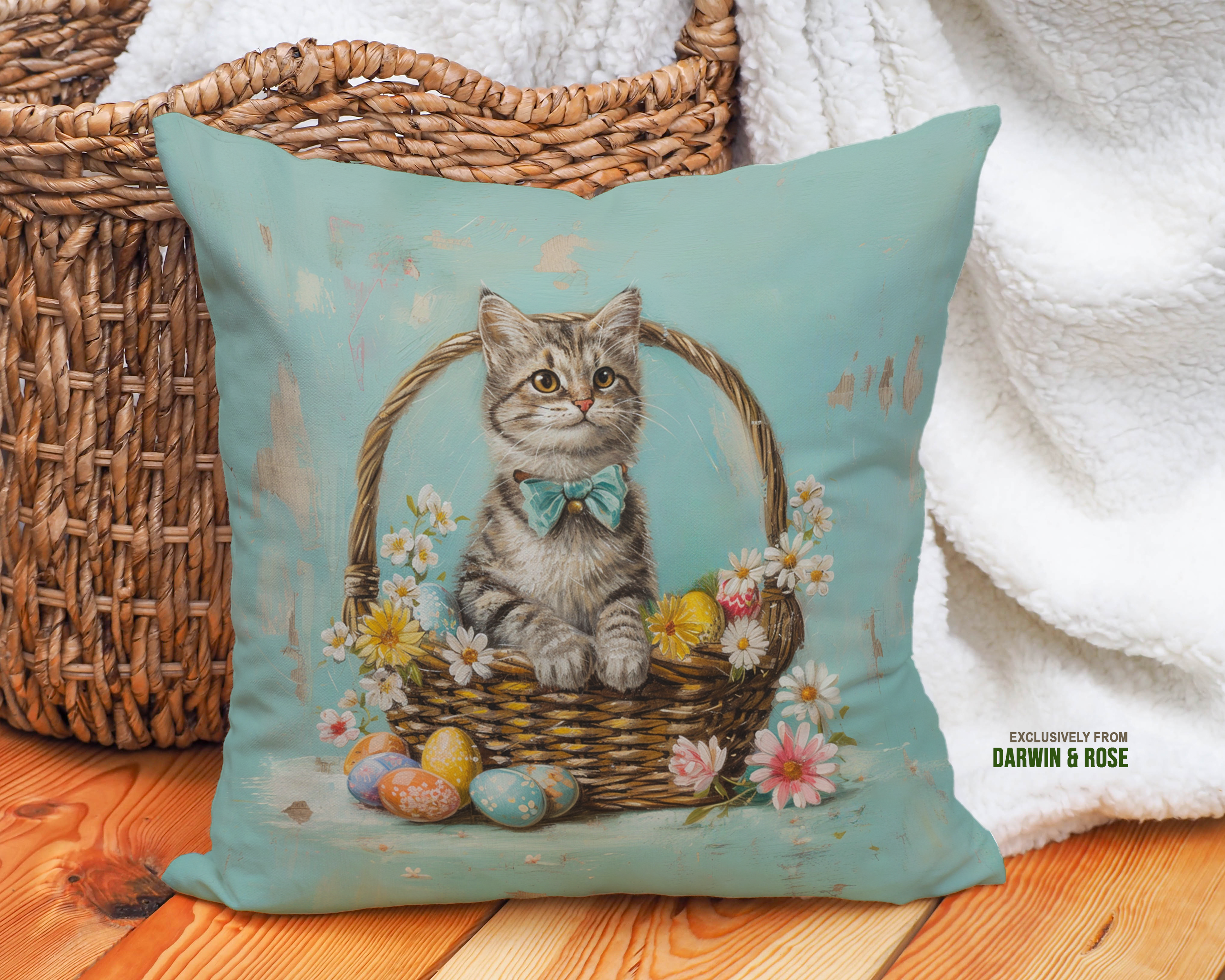 Easter Kitty in a Woven Basket - Whimsical Spring Throw Pillow