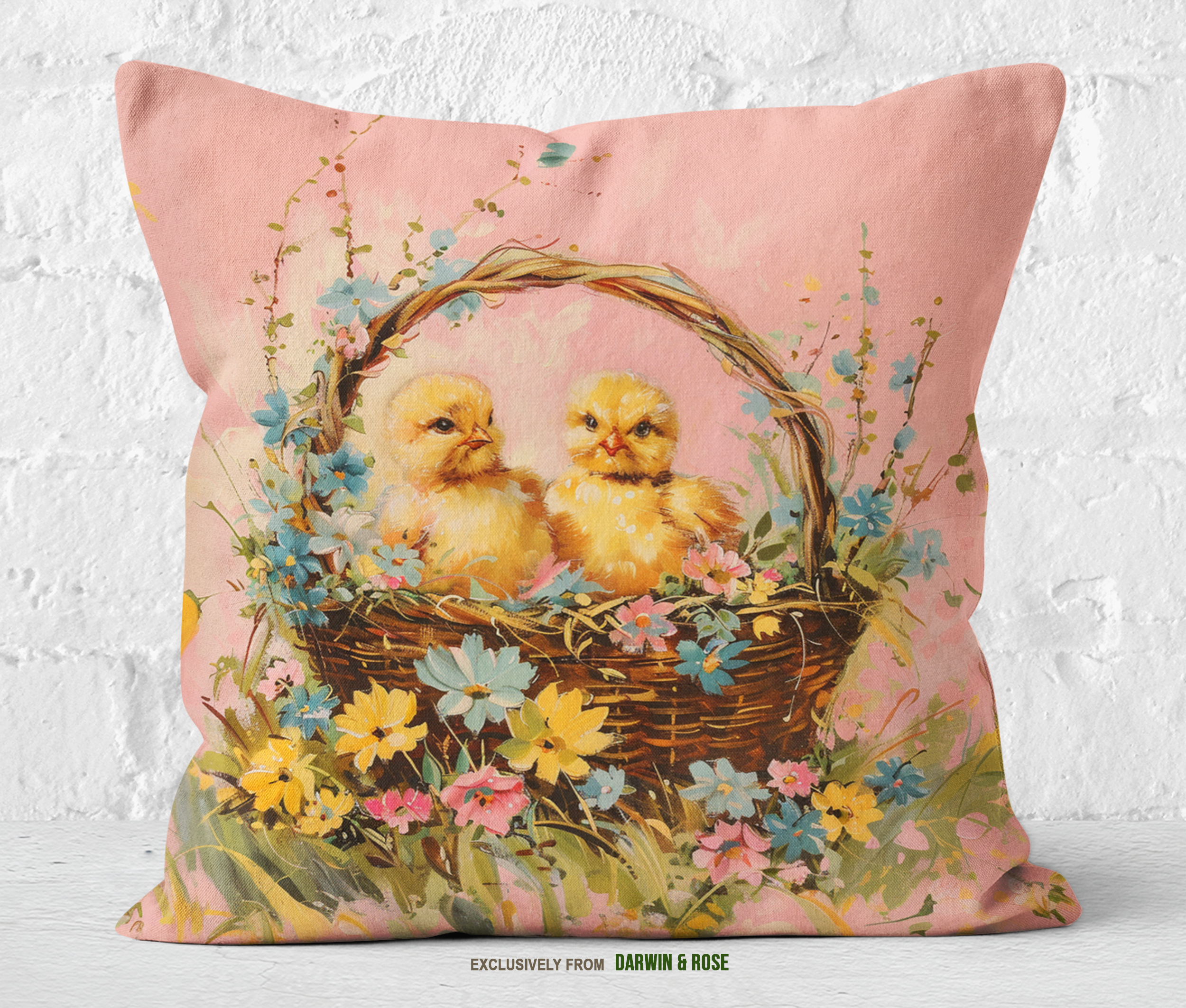 Easter Chicklings in a Rustic Floral Basket Throw Pillow
