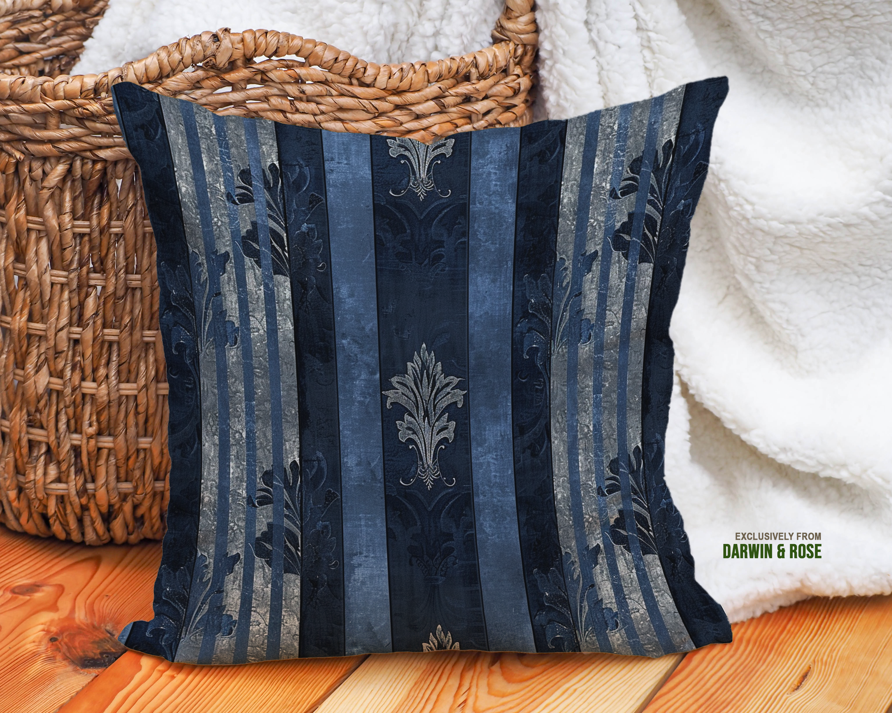 Elegant Fleur-de-Lis Striped Navy Throw Pillow – Modern Classic Decor Style