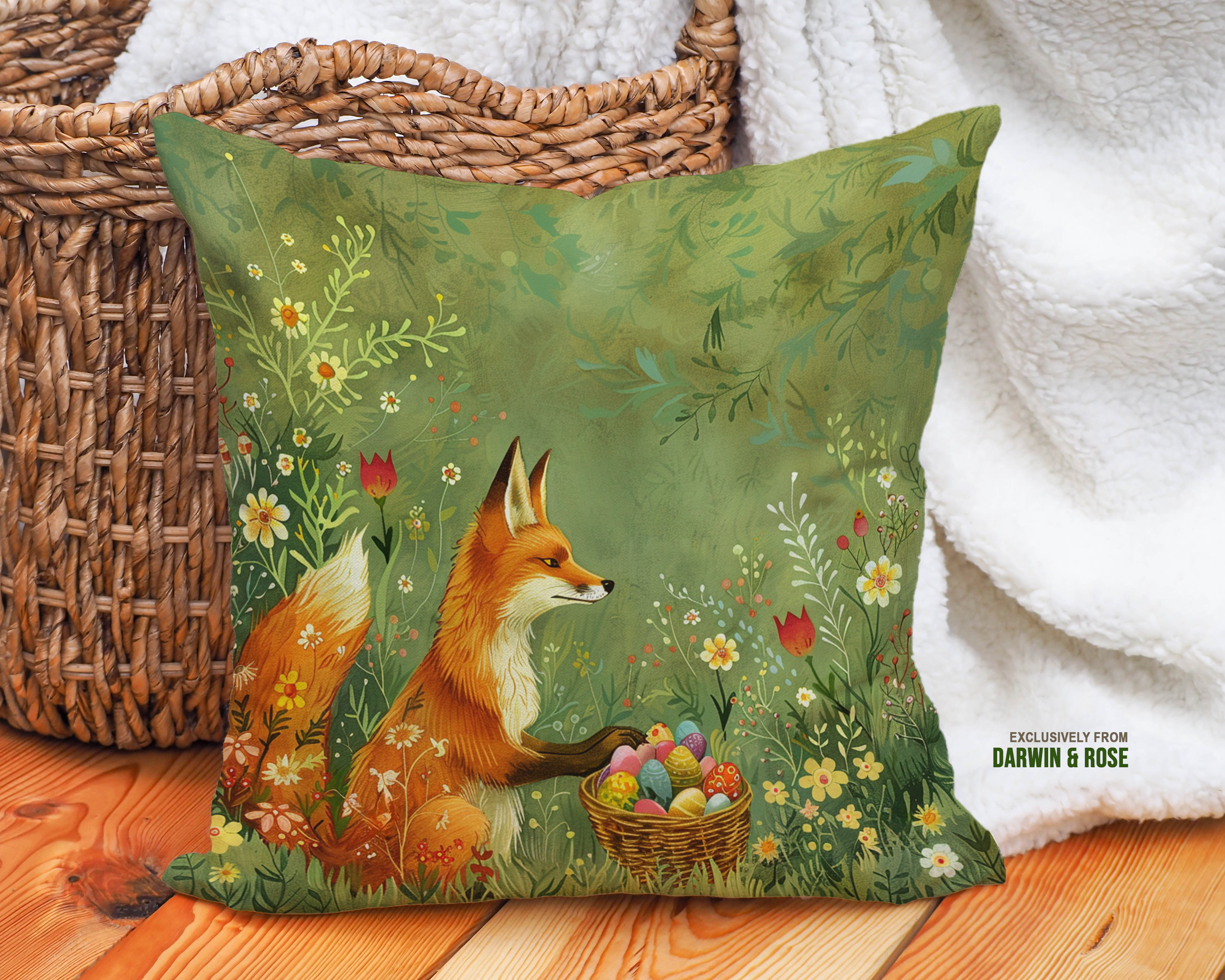 Whimsical Easter Fox Pillow – Boho Spring Décor