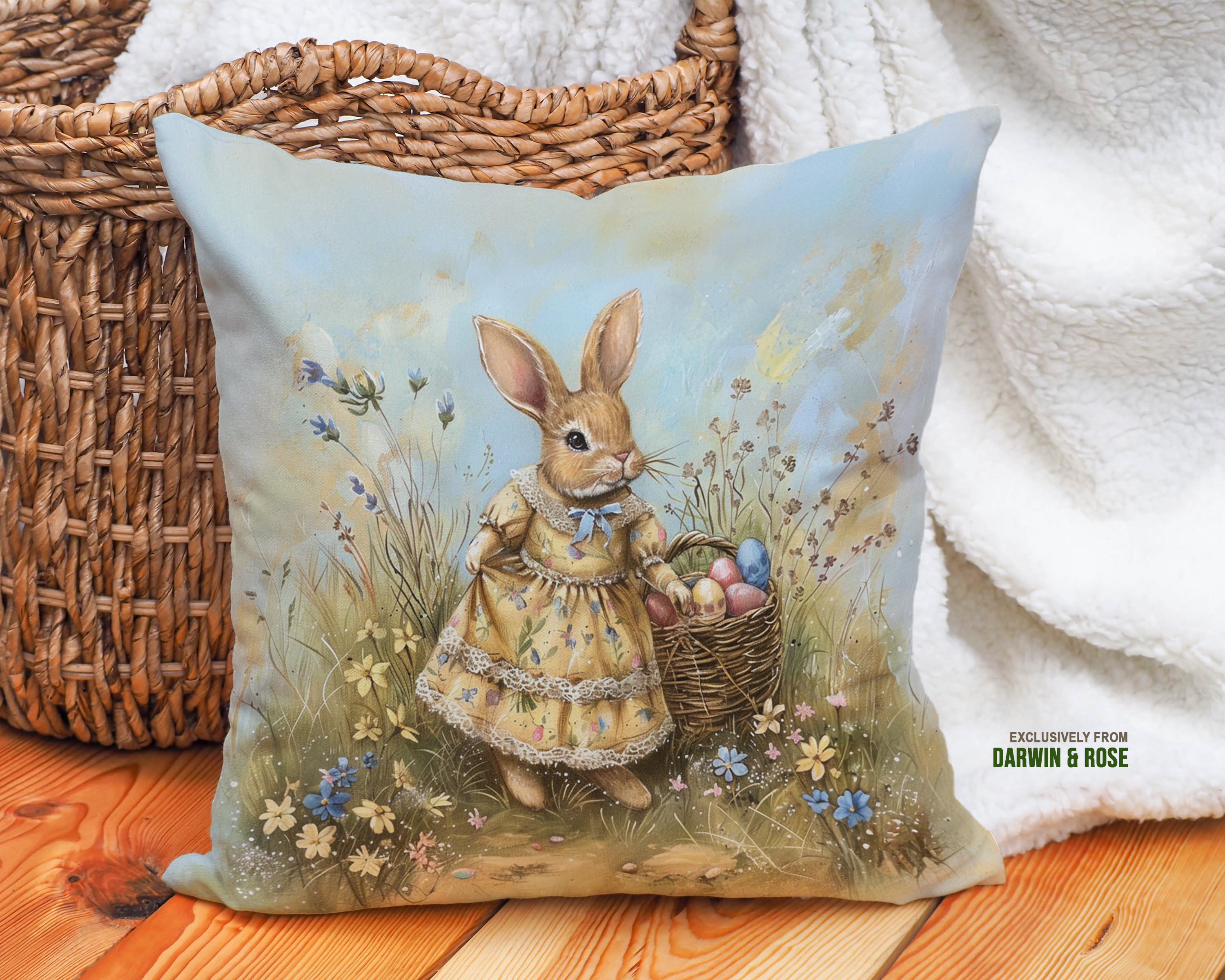 Easter Bunny in Vintage Floral Dress Throw Pillow – Farmhouse Spring Decor