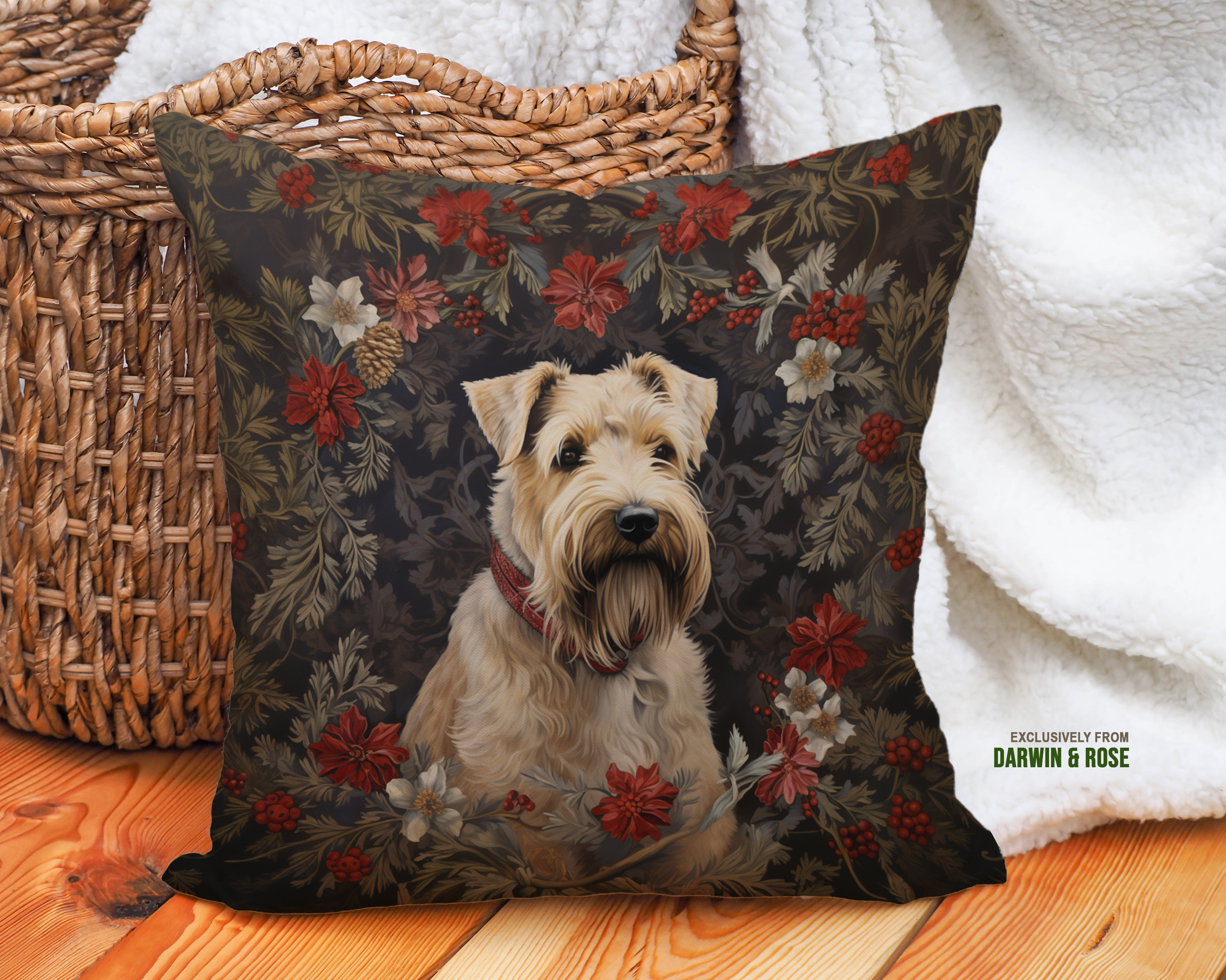 Wheaten Terrier Holiday Wreath Throw Pillow – Festive Farmhouse Decor