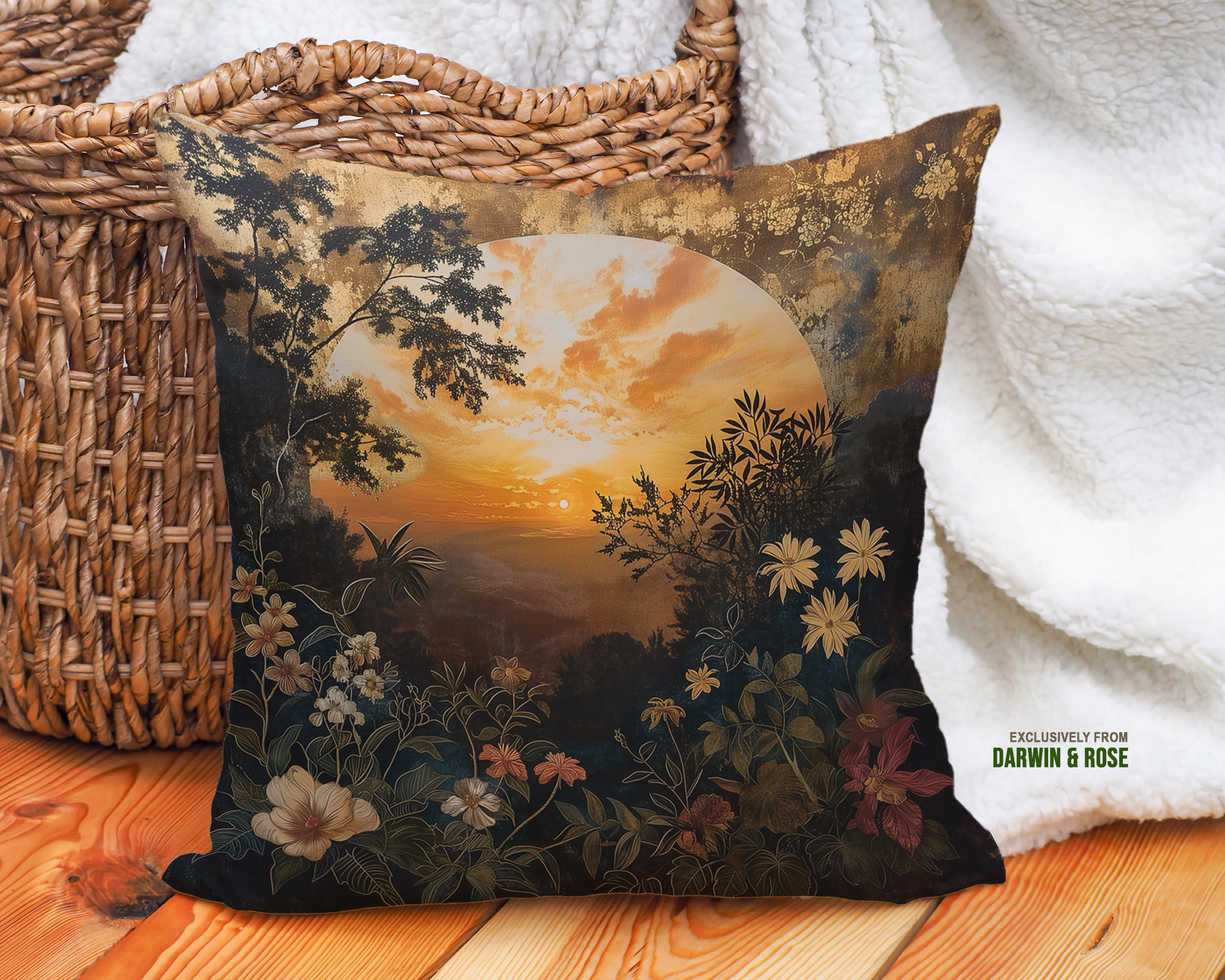 Golden Boho Sunset Throw Pillow: Floral and Sunset Design for a Cozy Home
