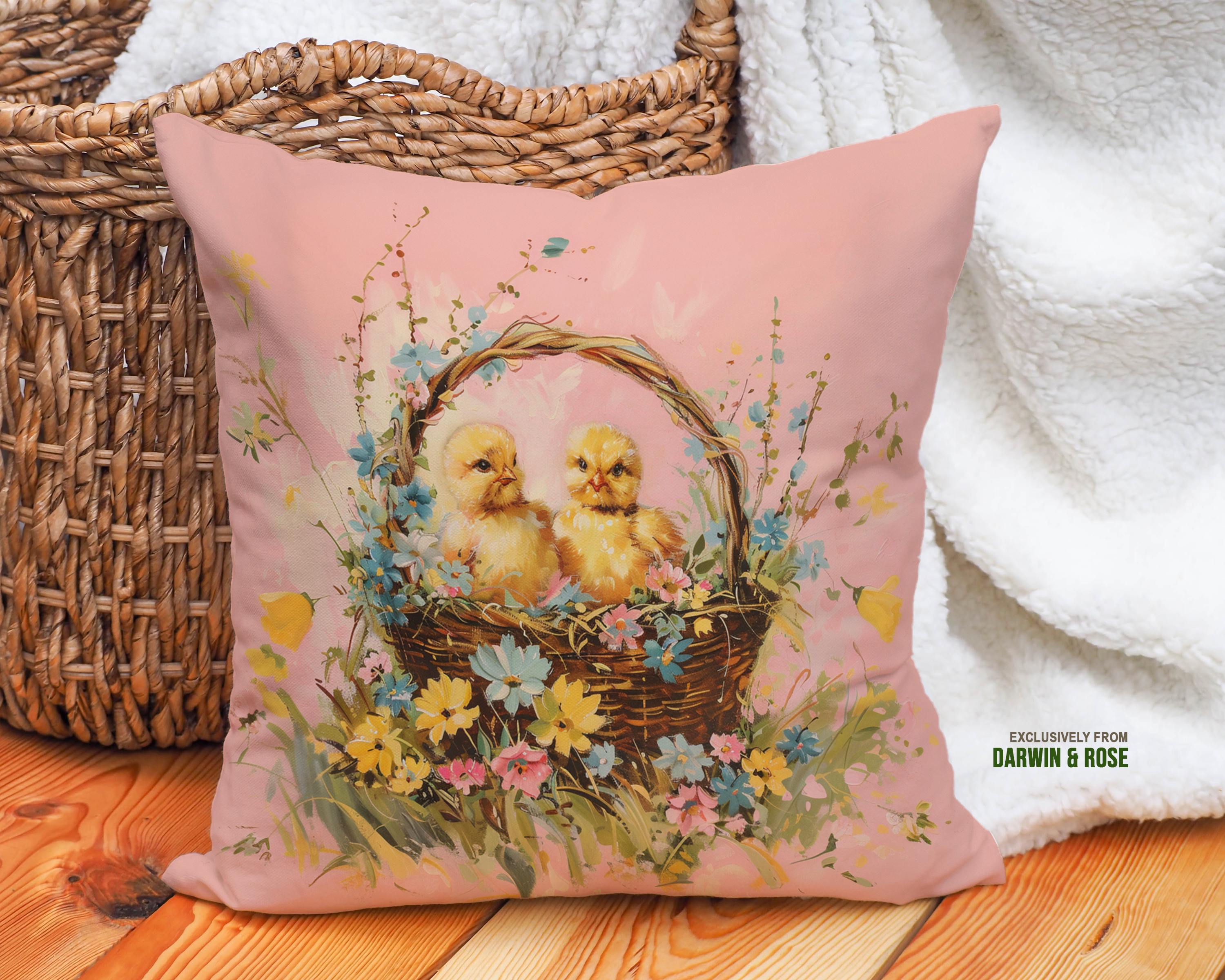 Easter Chicklings in a Rustic Floral Basket Throw Pillow