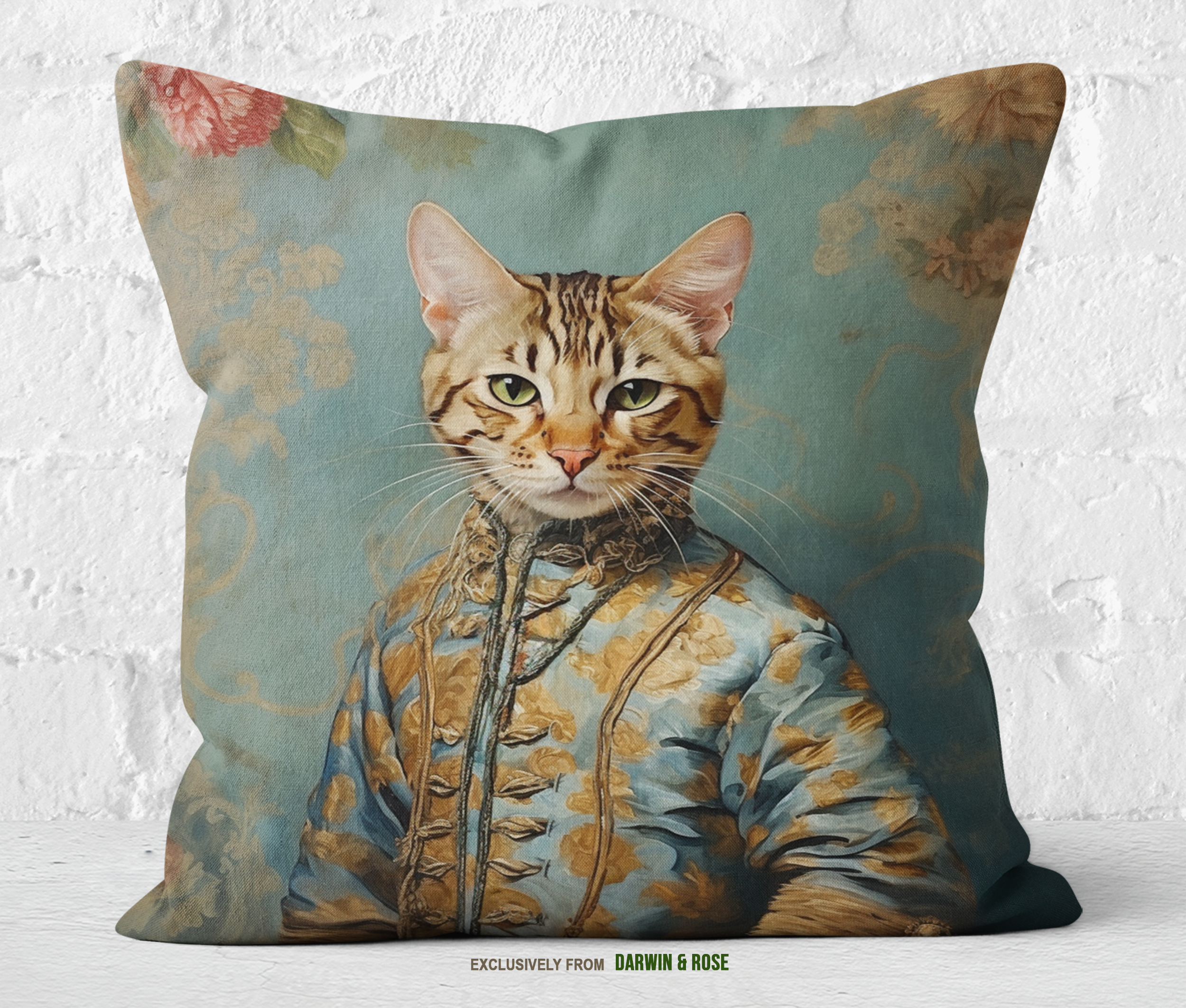 Regal Bengal Cat in Baroque-Style Outfit Throw Pillow
