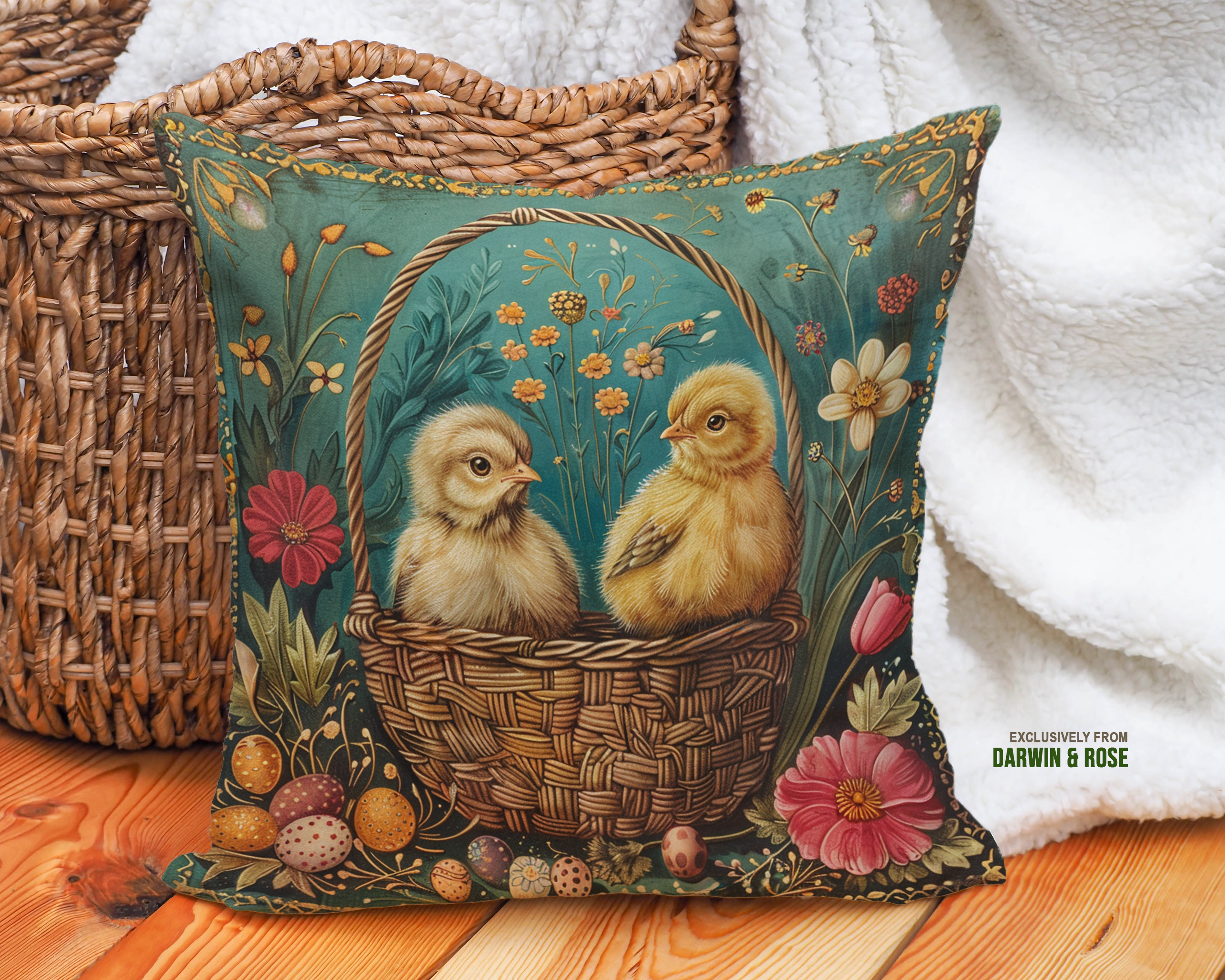Easter Chicks in Bloom Throw Pillow – Farmhouse Spring Décor