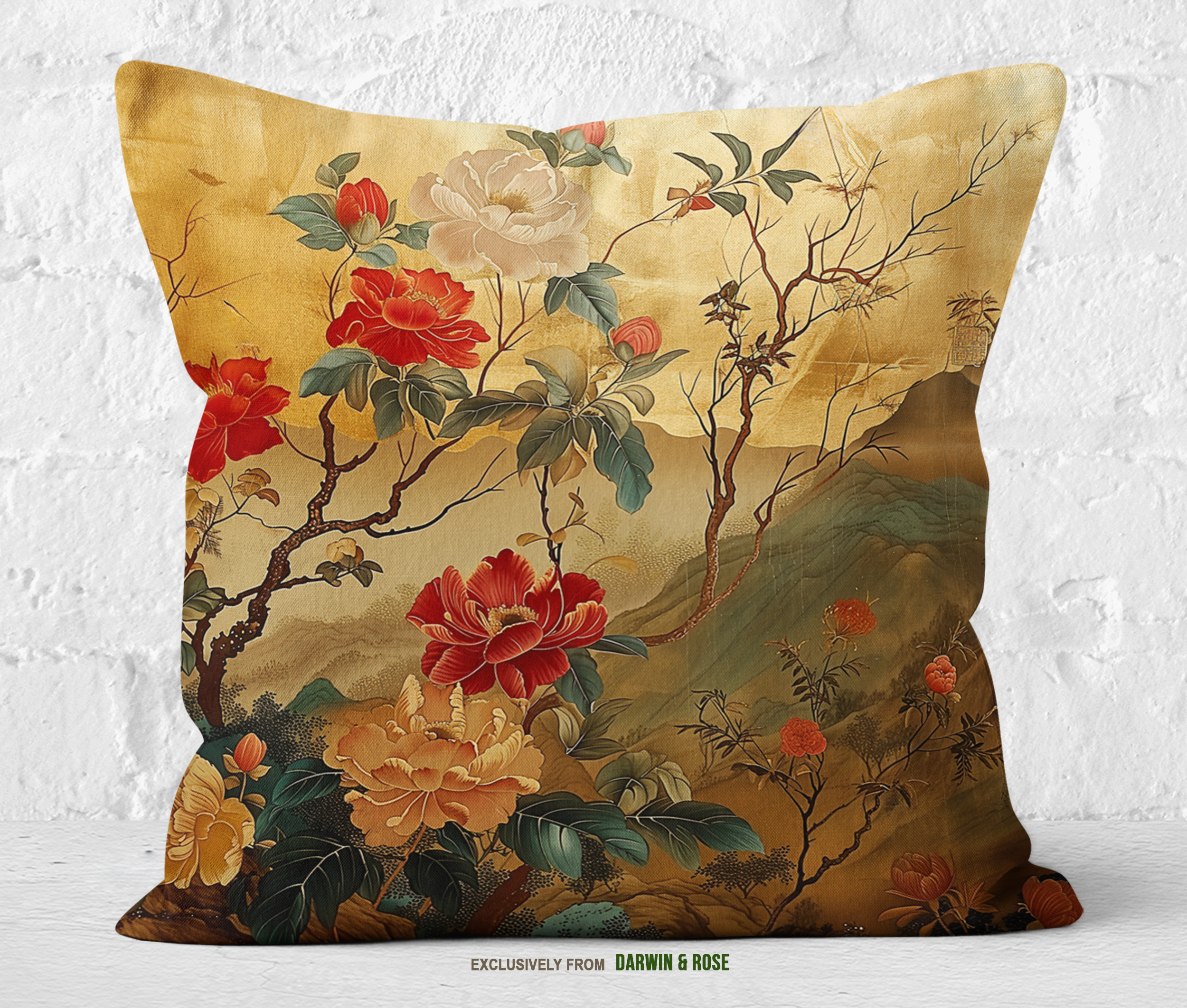 Golden Blossoms Asian-Inspired Modern Throw Pillow