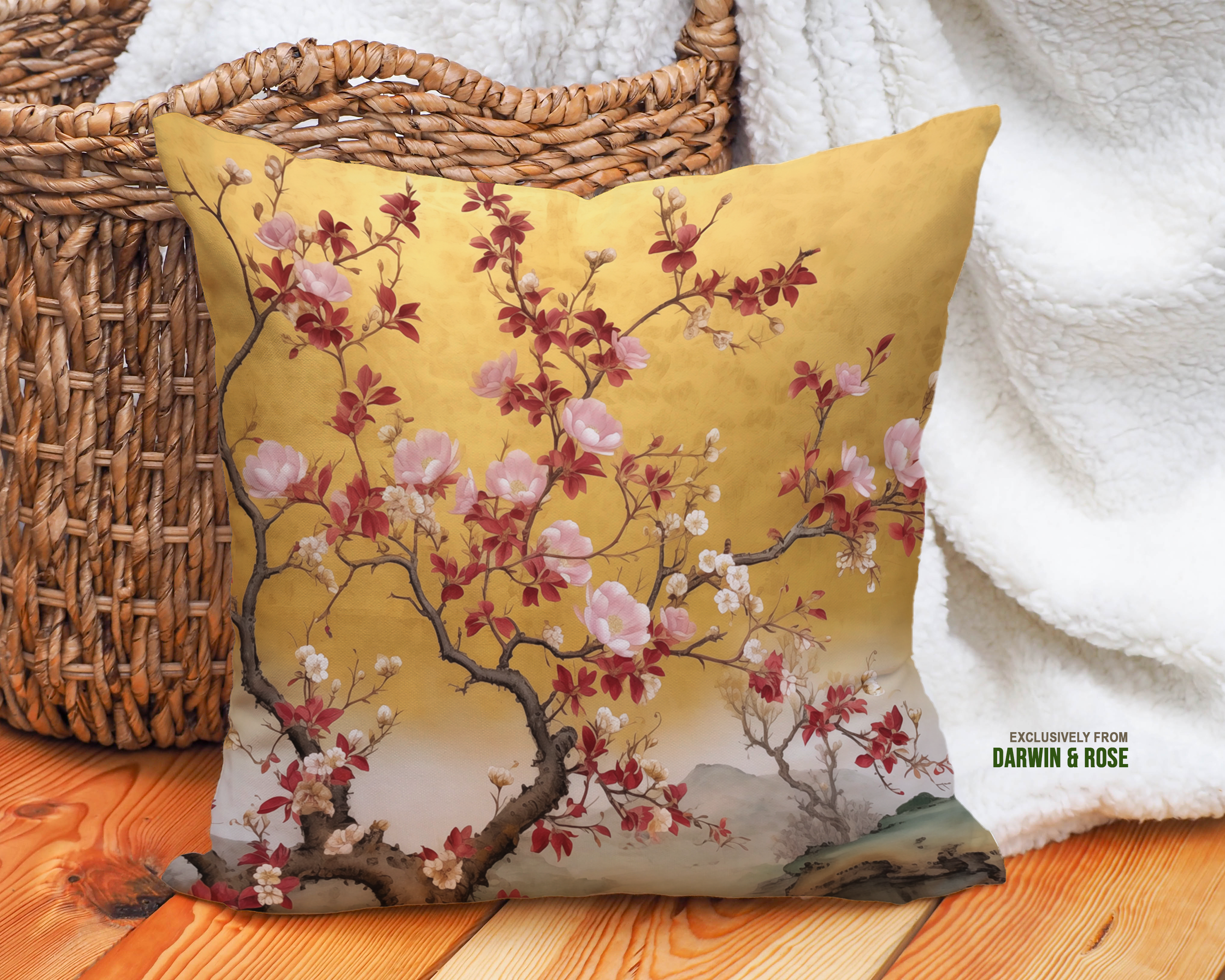 Golden Blossom Spring Throw Pillow - Asian-Inspired Floral Design