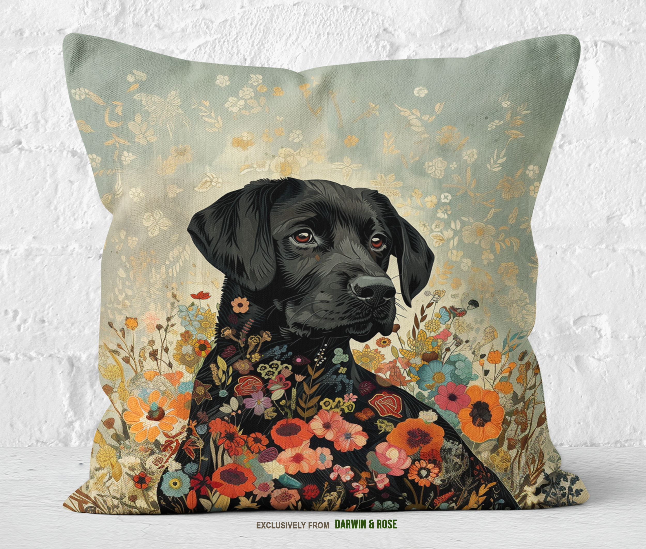 Black Labrador Retriever Floral Modern Throw Pillow