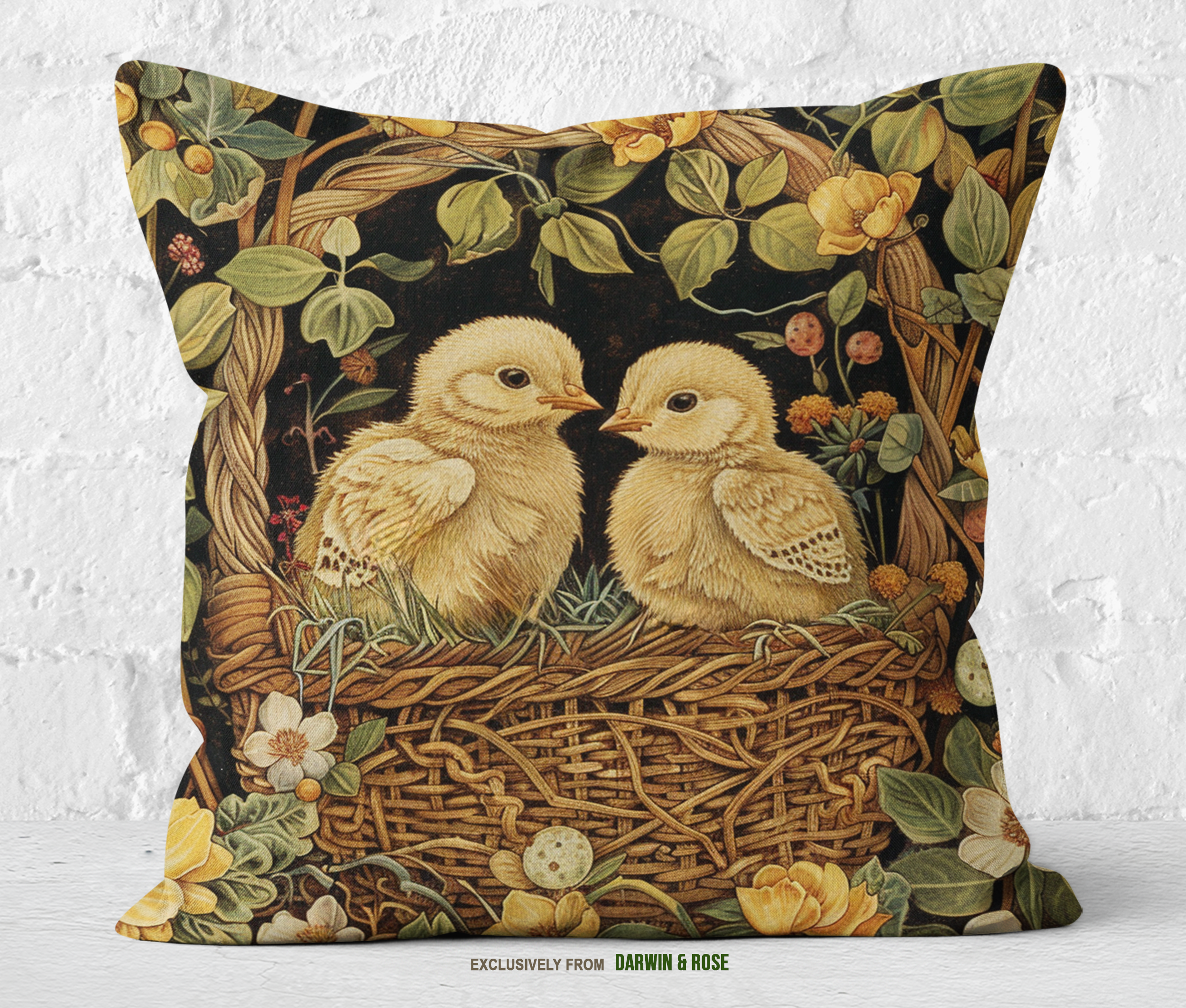 Springtime Easter Chicks in a Rustic Basket - Farmhouse Throw Pillow