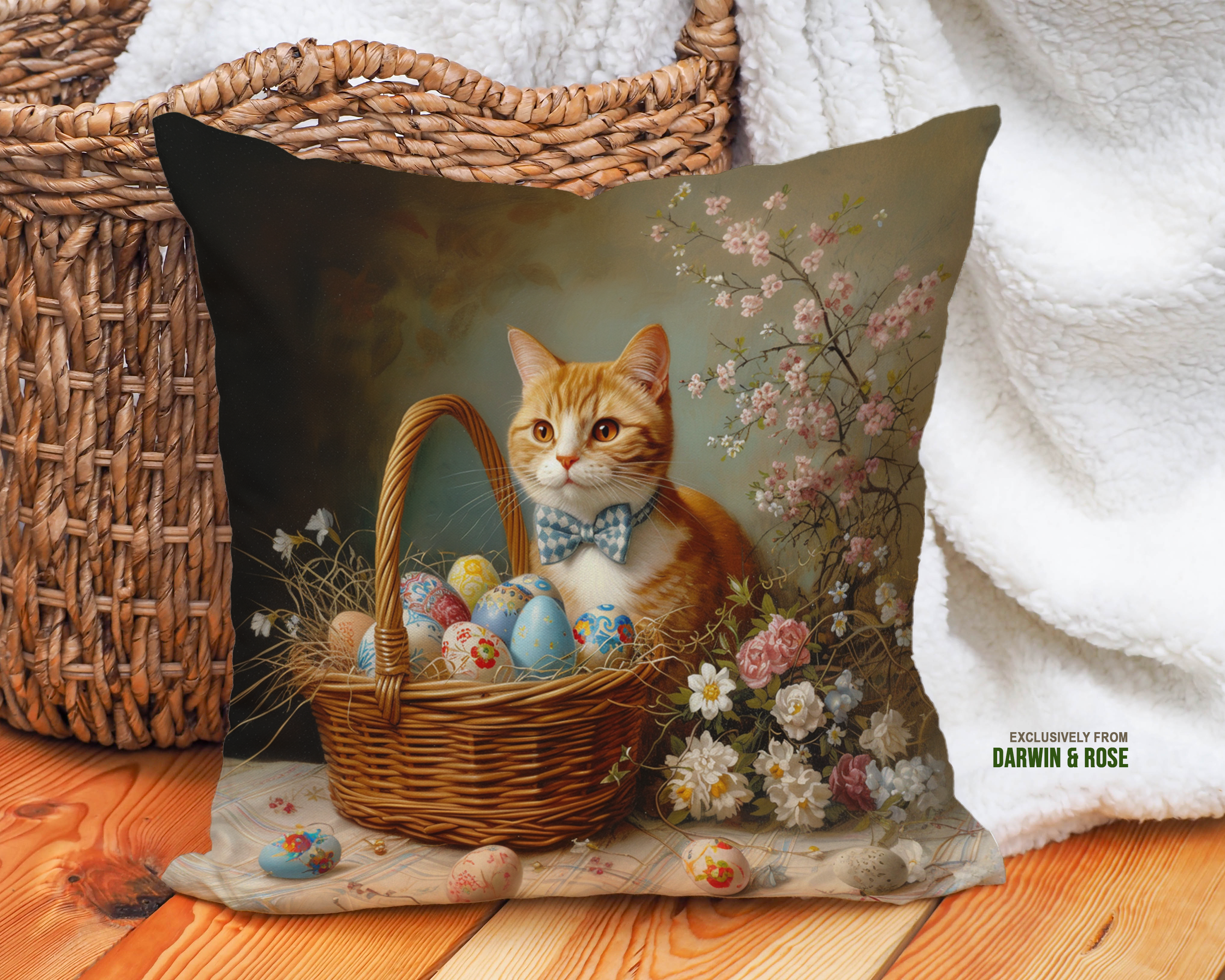 Easter Charm Cat Throw Pillow - Vintage Farmhouse Style