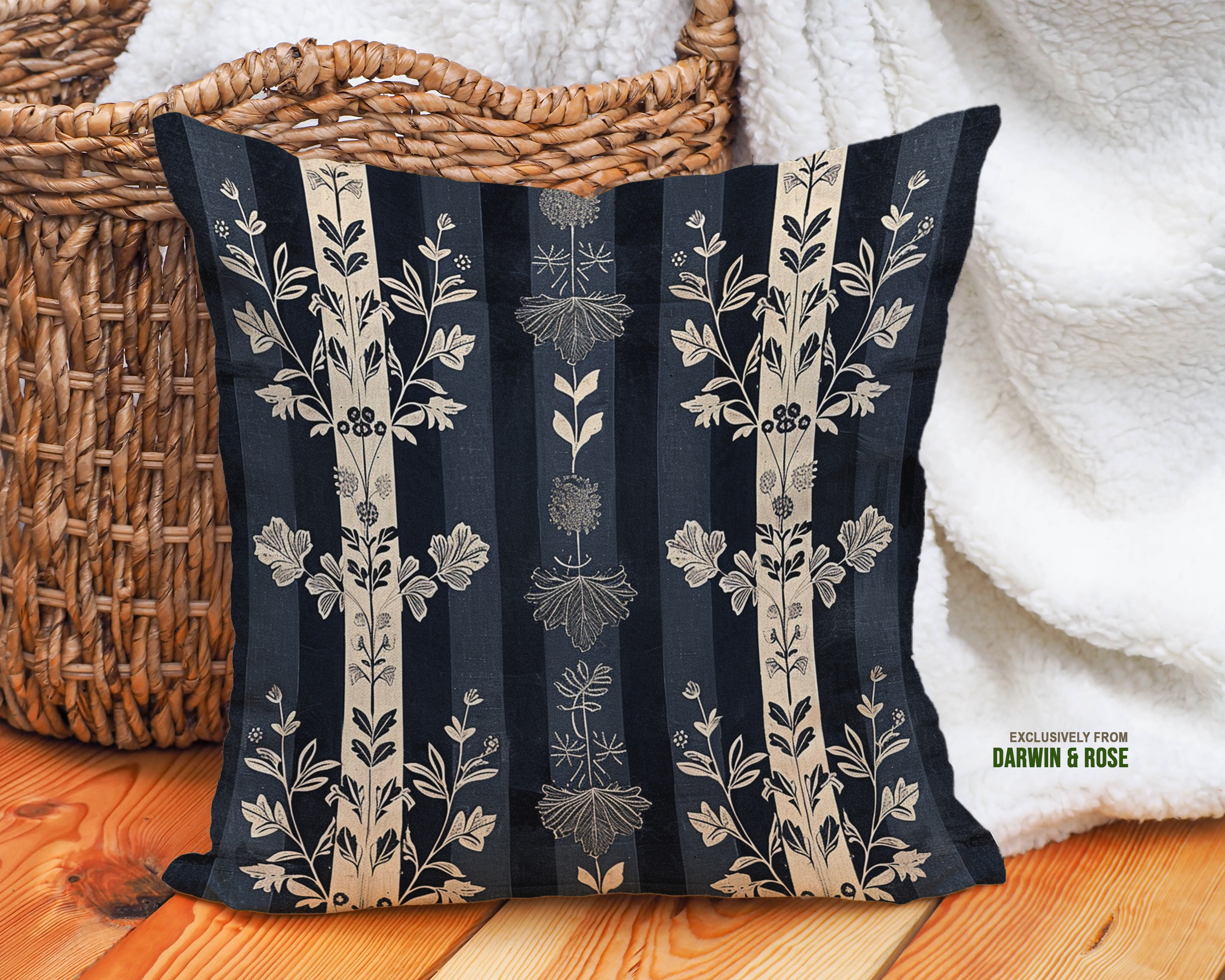 Floral Elegance Navy and Cream Striped Throw Pillow (Modern Boho Style)