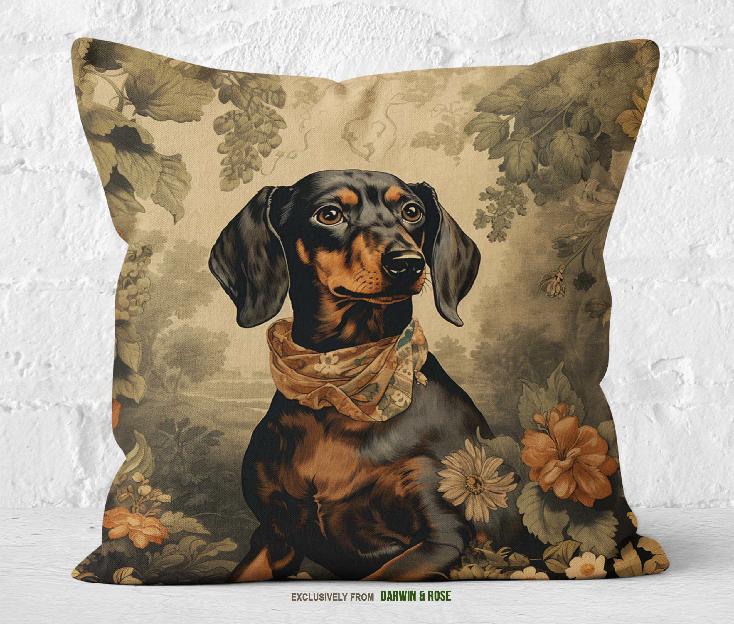 Vintage Elegance Dachshund Throw Pillow – Boho Floral Design