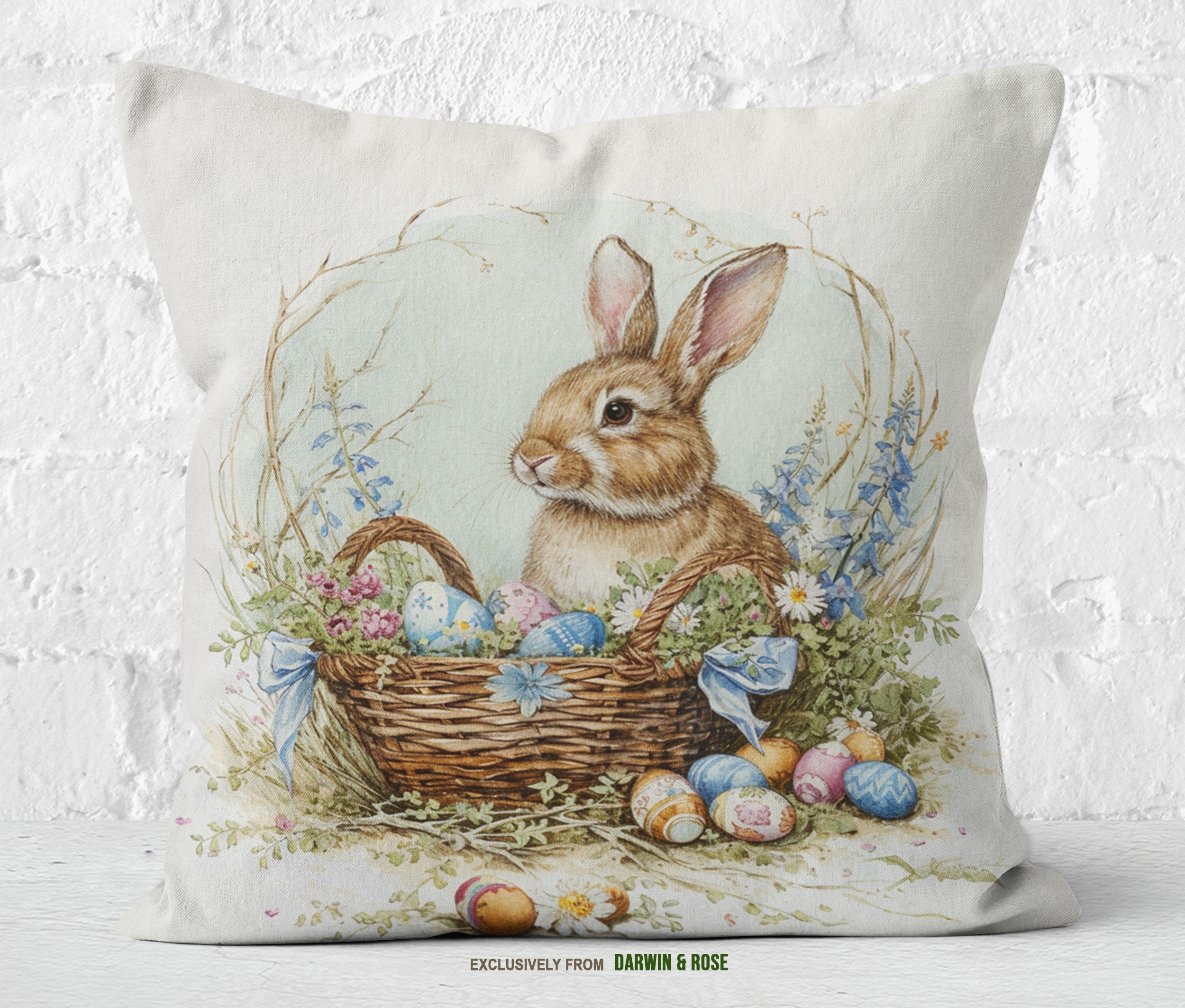 Easter Bunny Floral Basket Throw Pillow – Boho Spring Home Décor