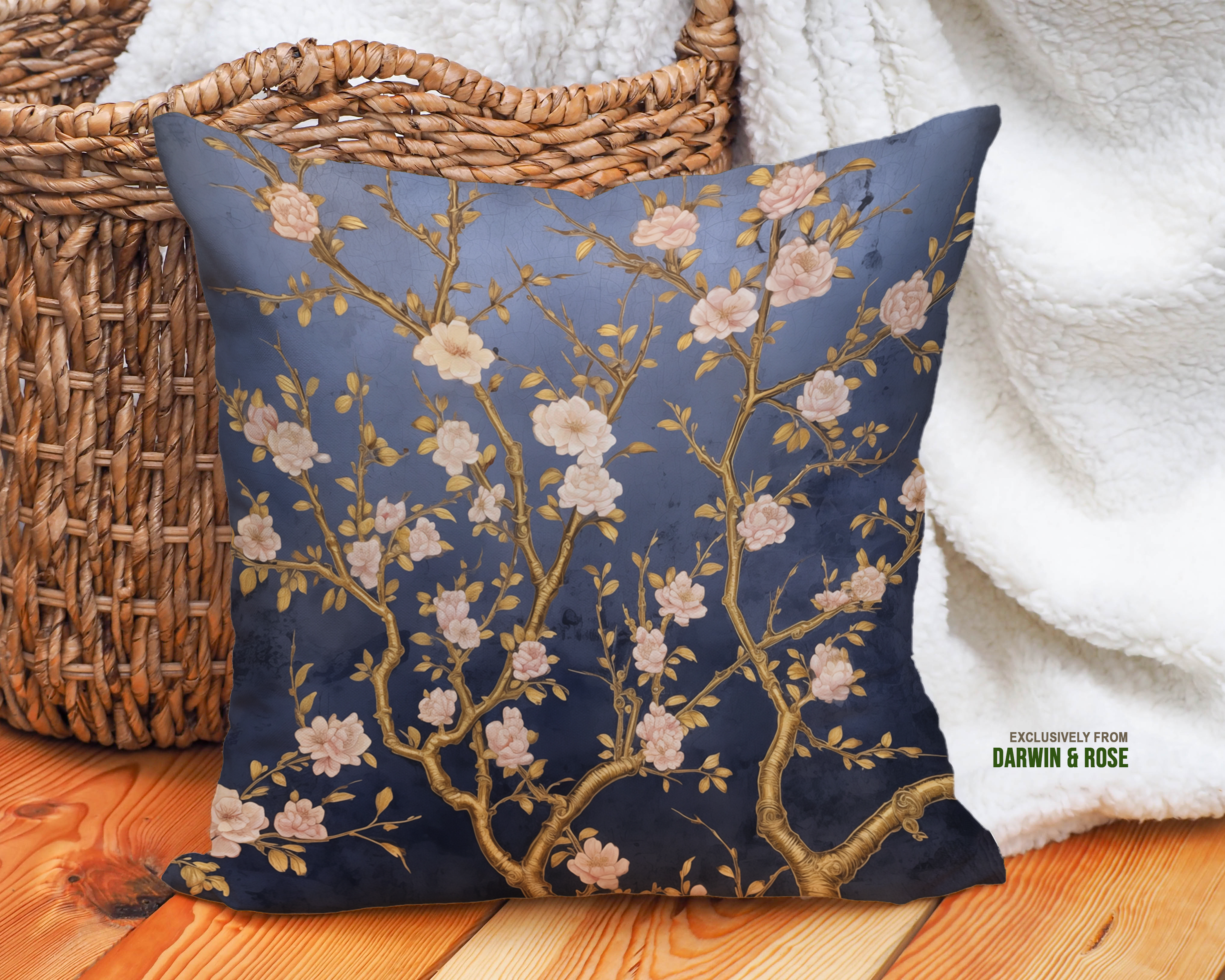 Golden Magnolia Bloom Throw Pillow - Asian-Inspired Modern Decor