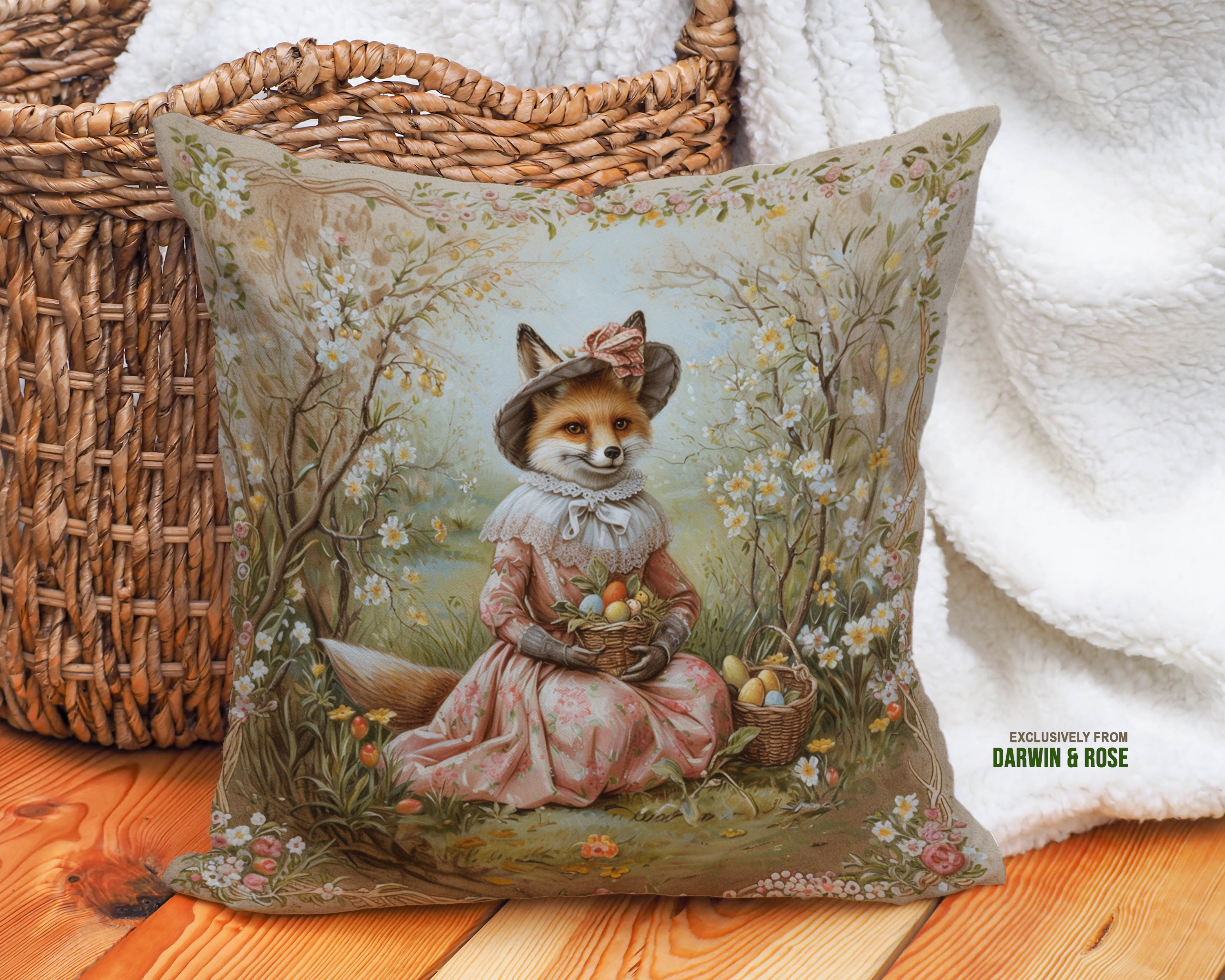 Vintage Easter Fox Throw Pillow – Farmhouse Spring Décor