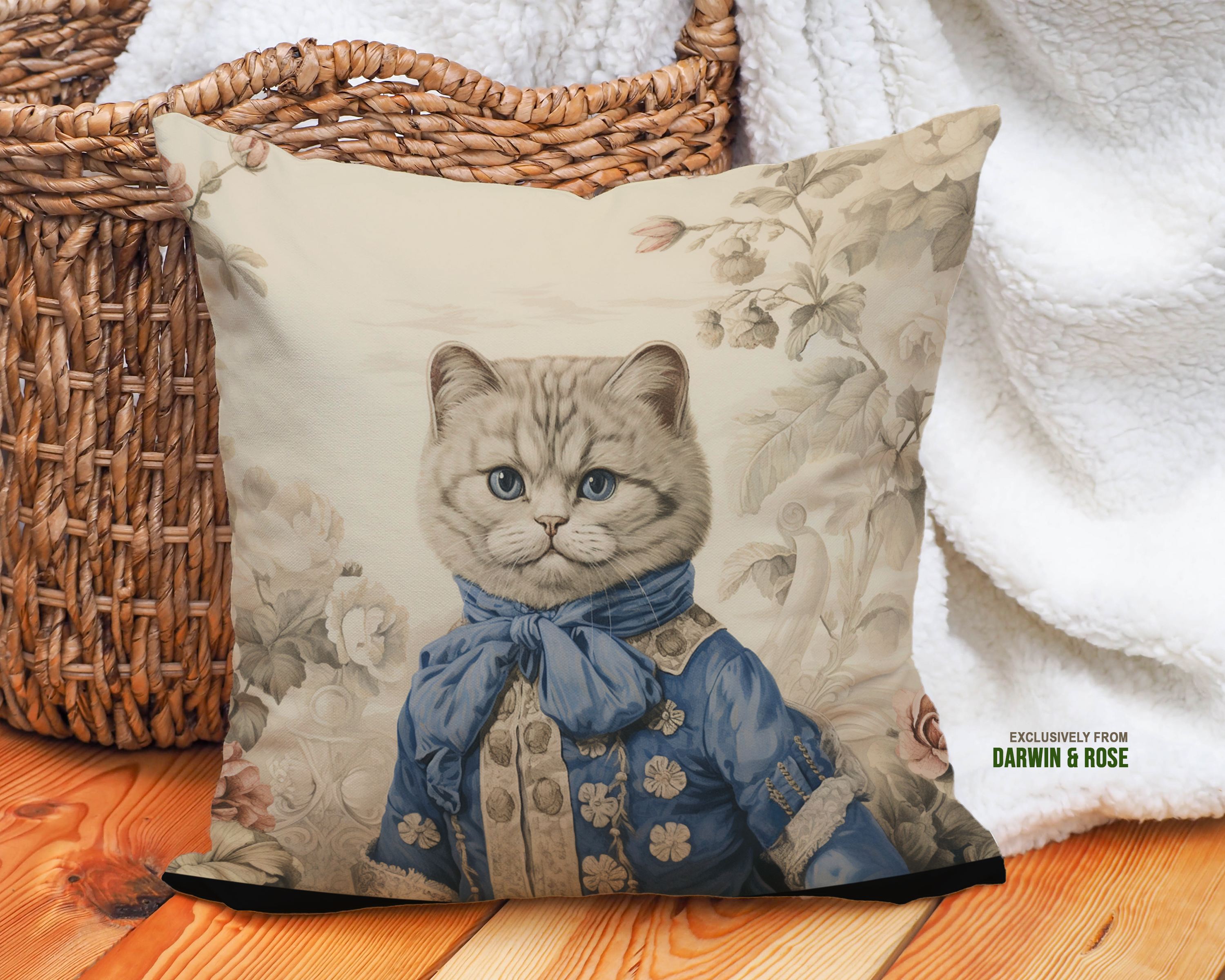 Regal Scottish Fold Cat Throw Pillow – Vintage Chic Floral Design