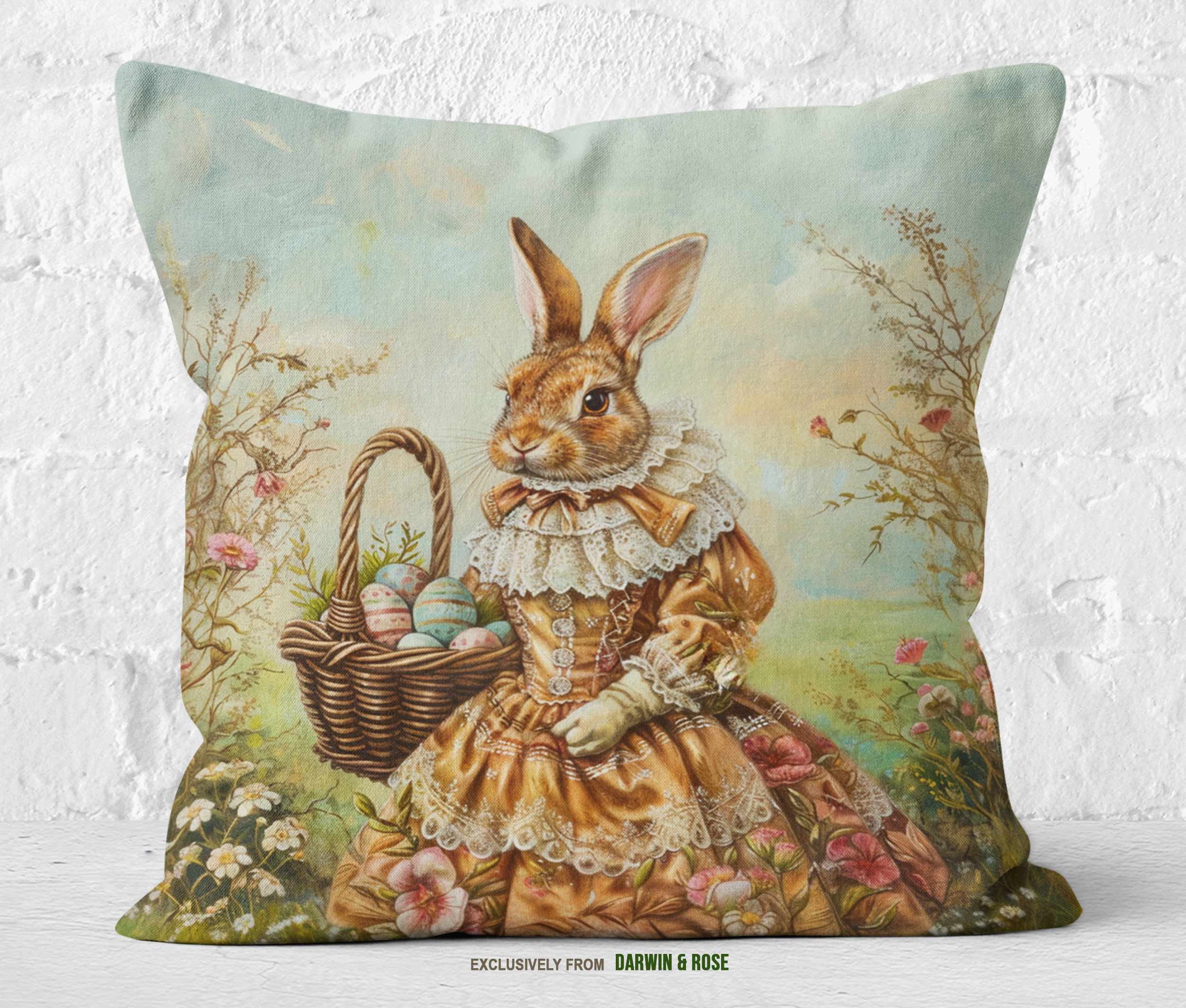 Vintage Easter Bunny in Lace Dress Throw Pillow - Cottagecore Spring Decor