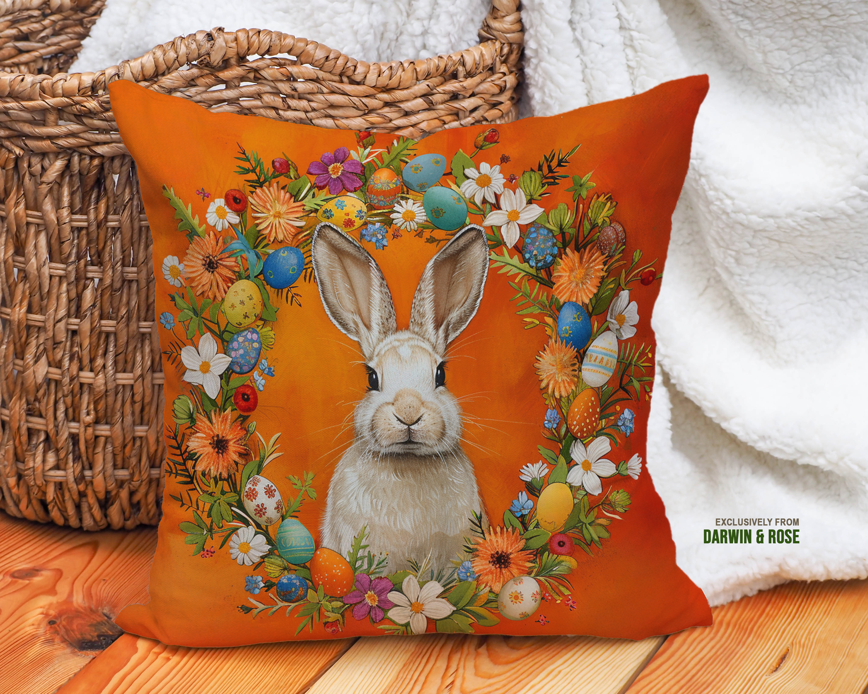 Easter Bunny Wreath Throw Pillow – Bright Farmhouse Spring Décor