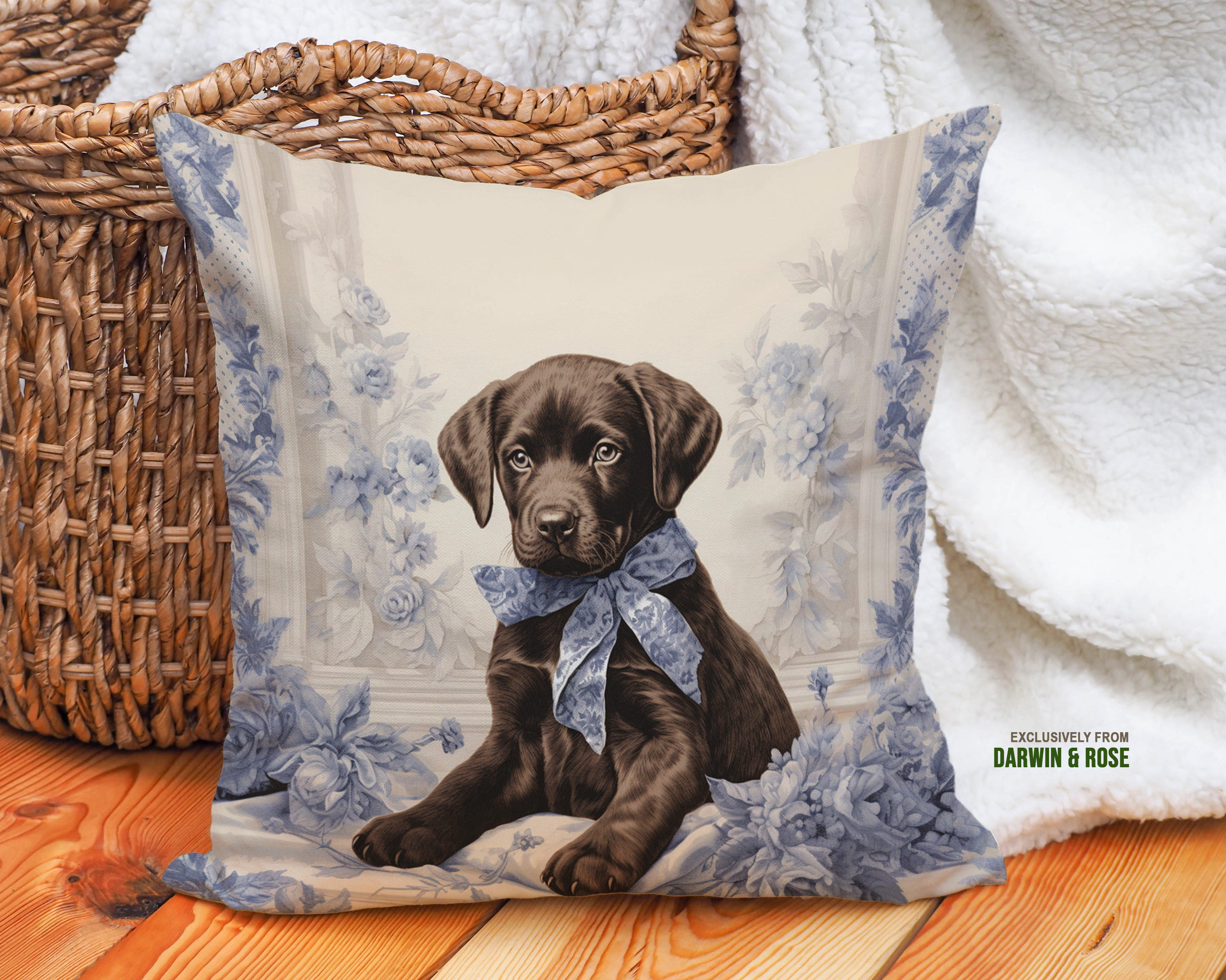 Chocolate Lab Puppy Throw Pillow – Elegant Floral Design for Farmhouse Décor