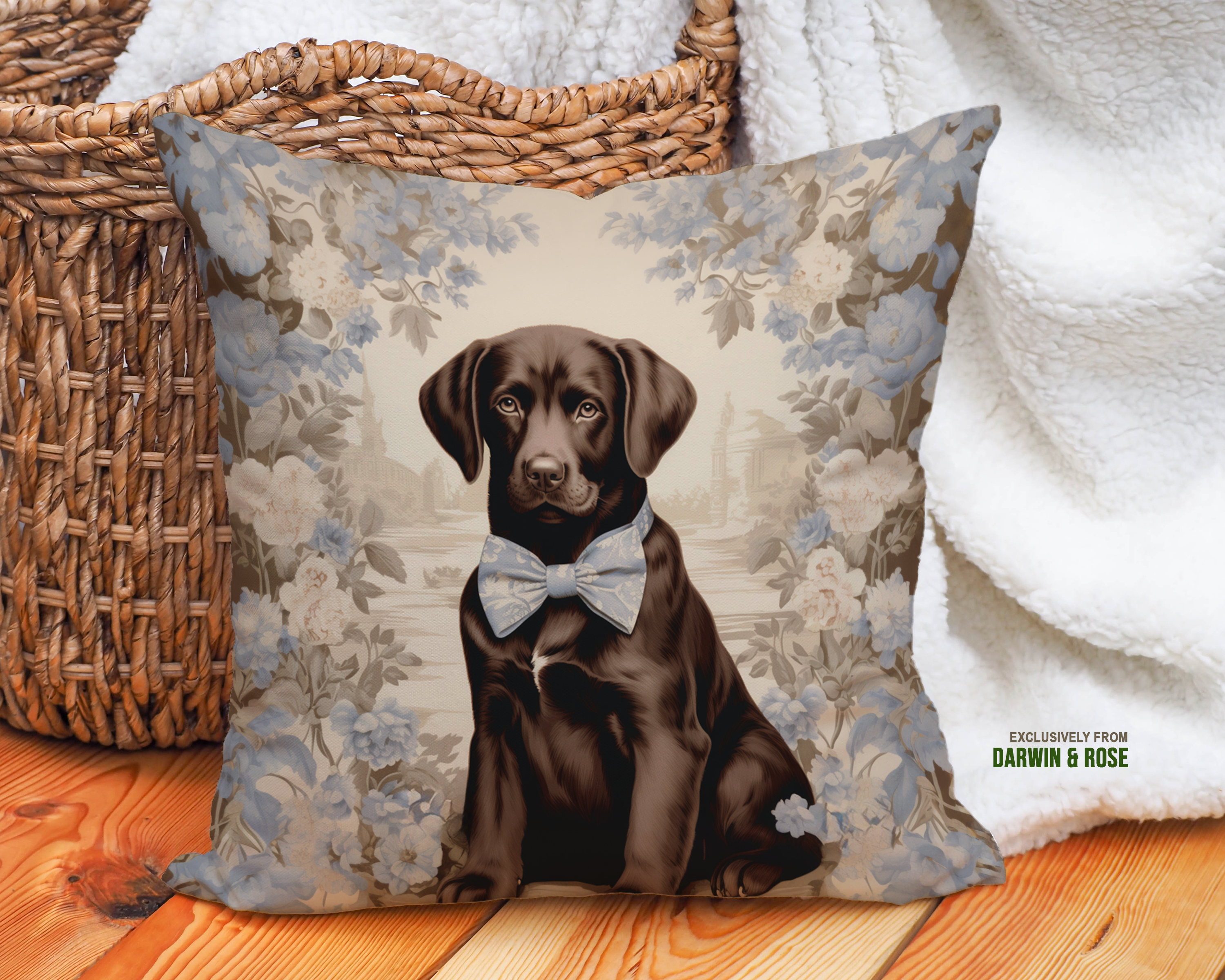 Chocolate Lab Elegance: Vintage Floral Throw Pillow
