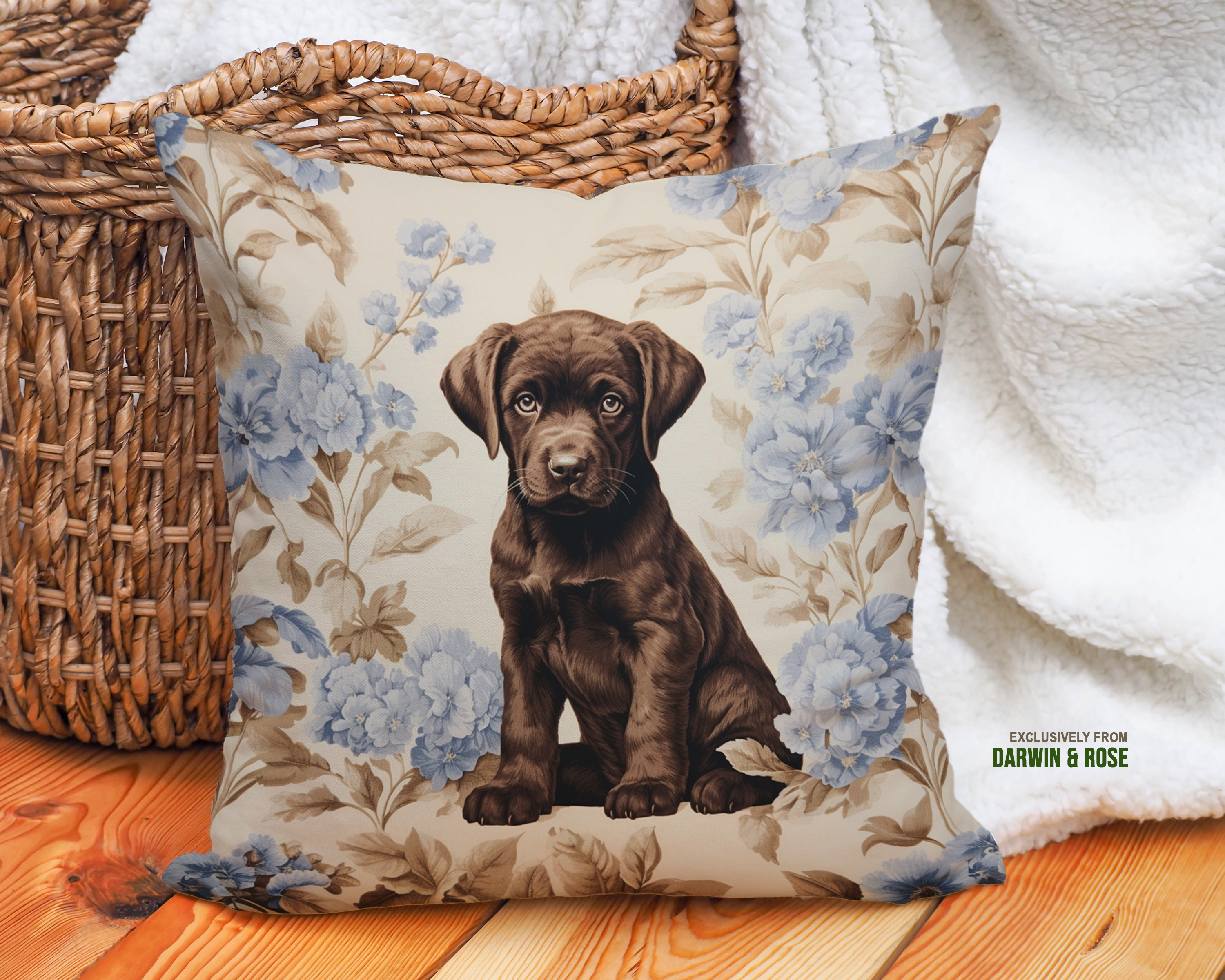 Chocolate Lab Puppy Floral Throw Pillow – Vintage Farmhouse Style
