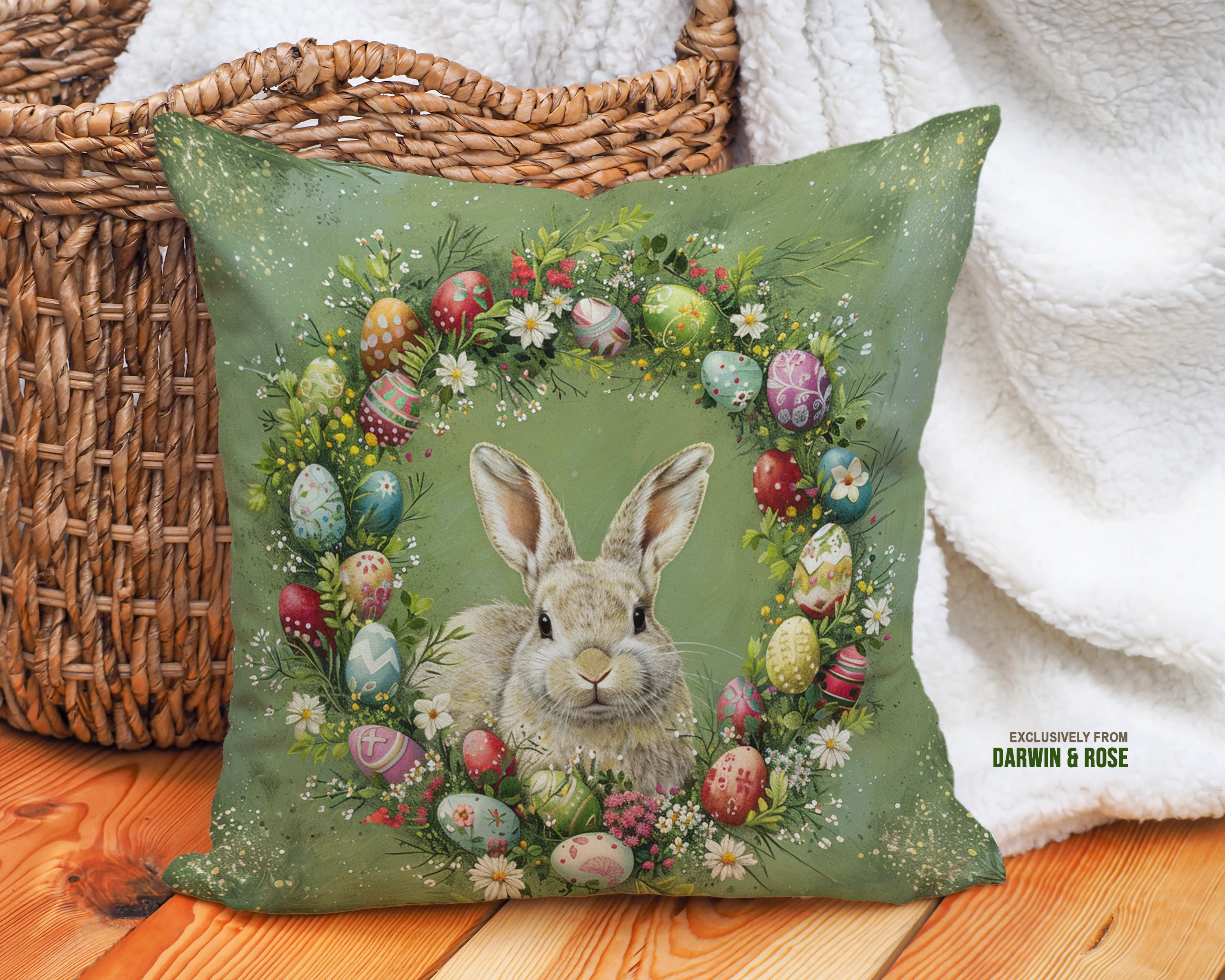 Easter Bunny Wreath Pillow – Rustic Spring Farmhouse Décor