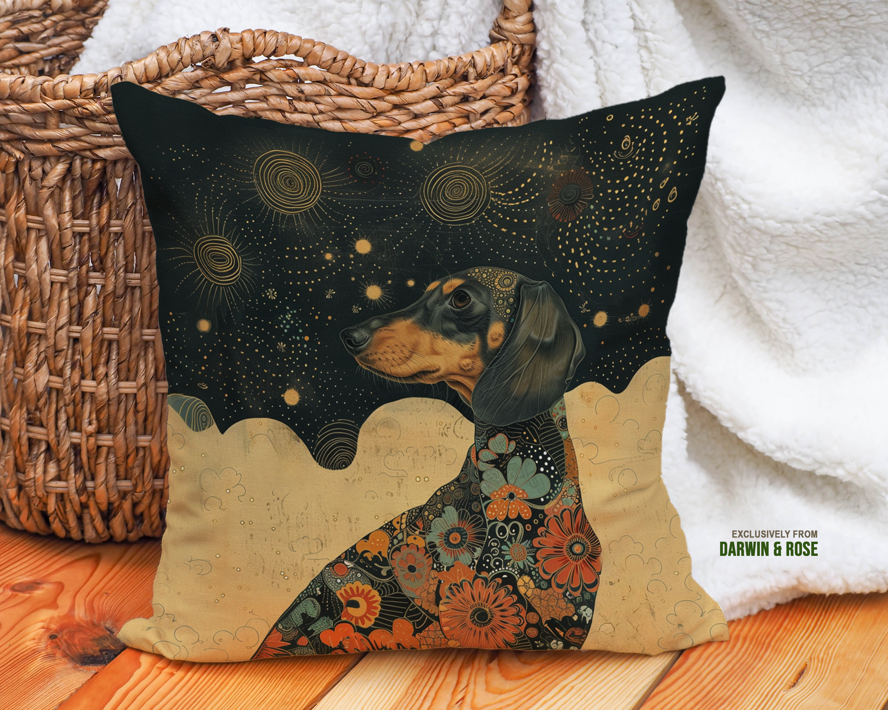 Dachshund Starry Night Boho Throw Pillow – Bold Floral Design for Dog Lovers