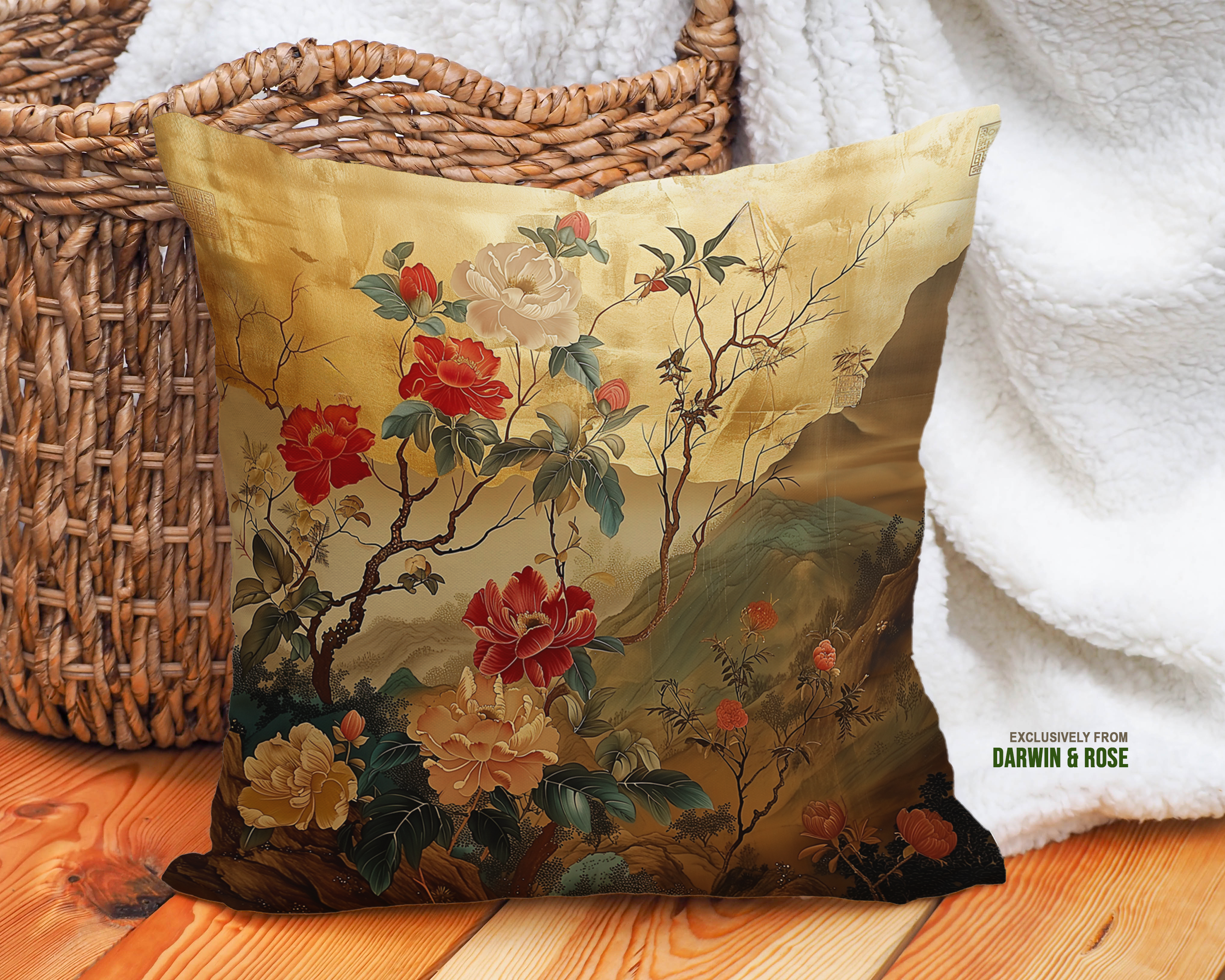 Golden Blossoms Asian-Inspired Modern Throw Pillow