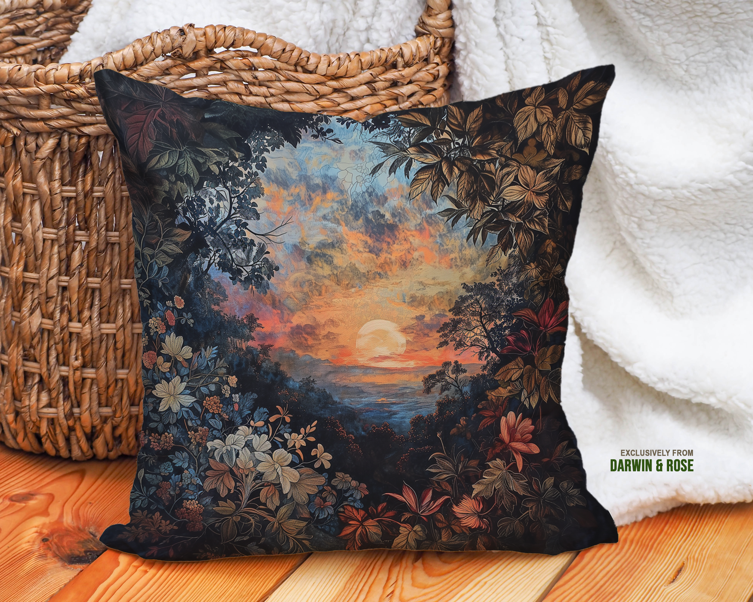 Sunset Serenity Boho Throw Pillow with Floral Landscape Design