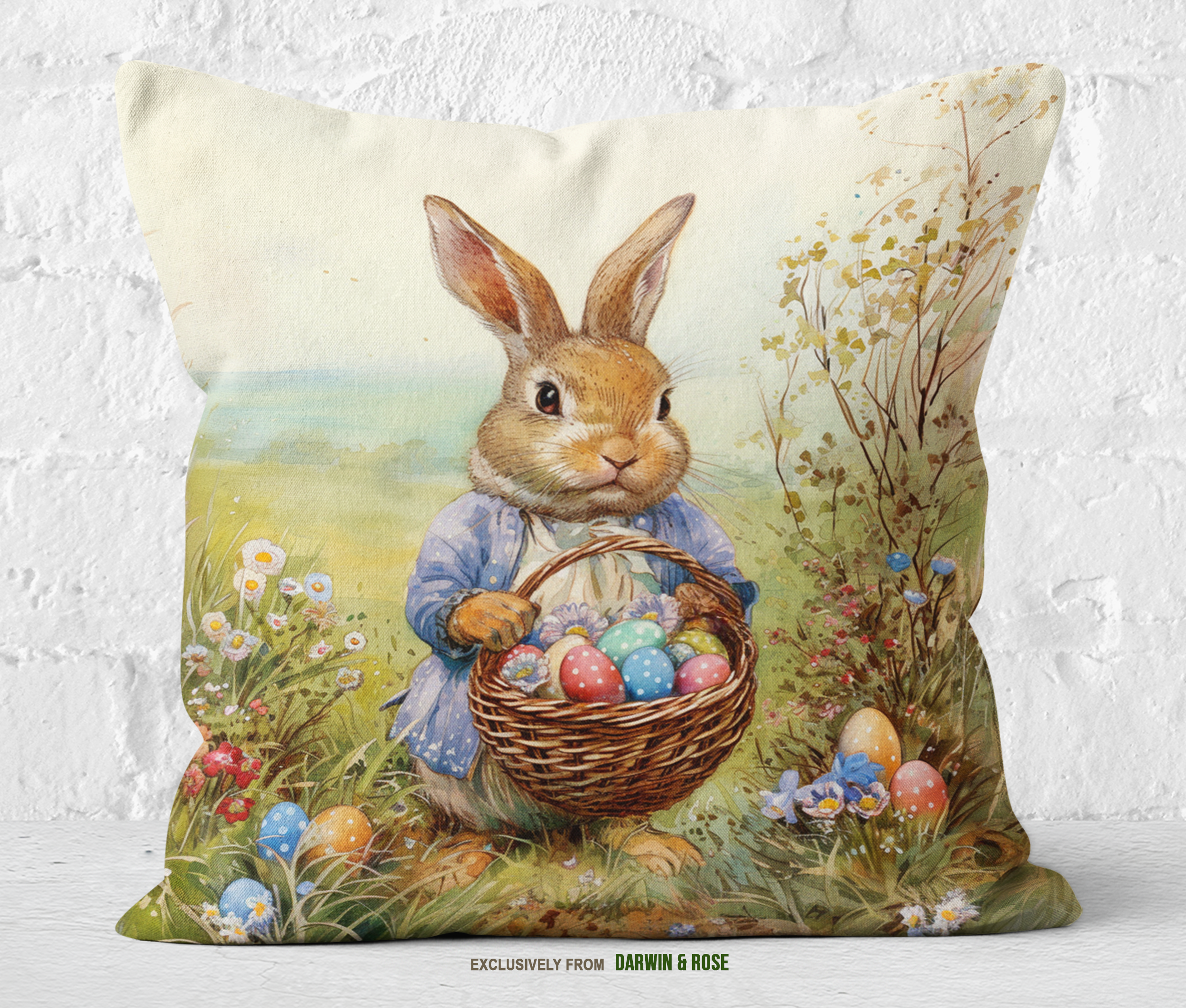 Easter Bunny Meadow Throw Pillow – Whimsical Spring Decor